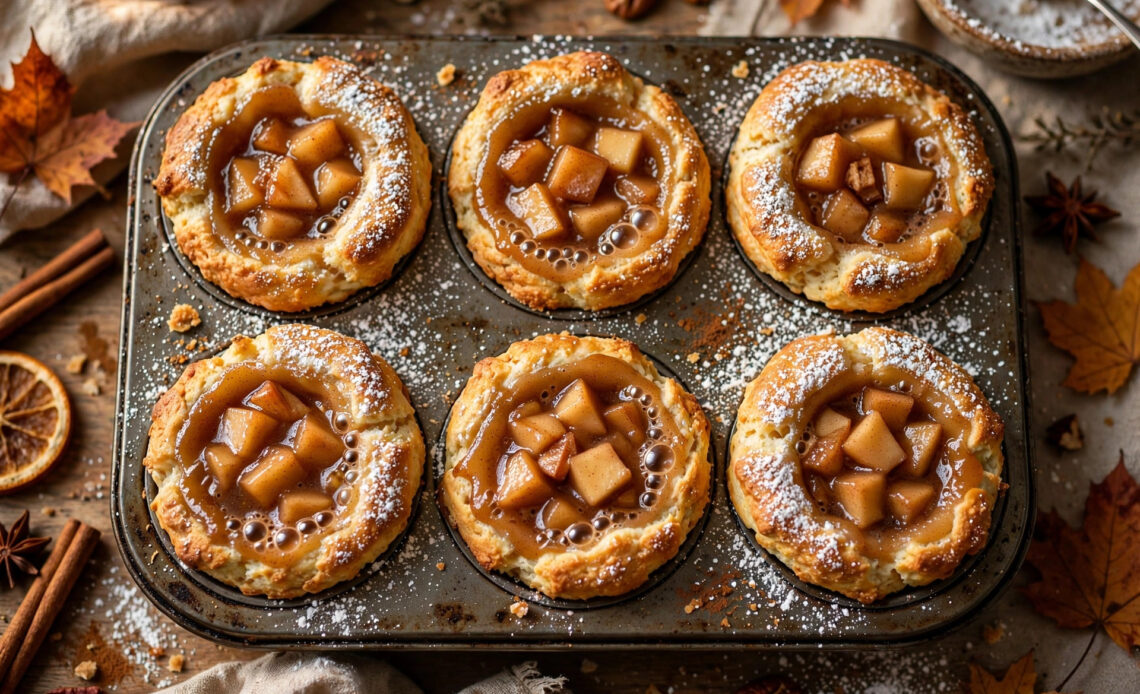 Golden apple pie biscuit cups in a muffin tin with cinnamon apple filling