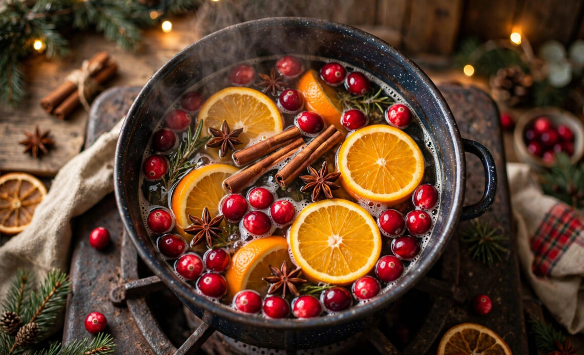 Steaming pot of cranberry orange Christmas simmer pot with cinnamon sticks and star anise