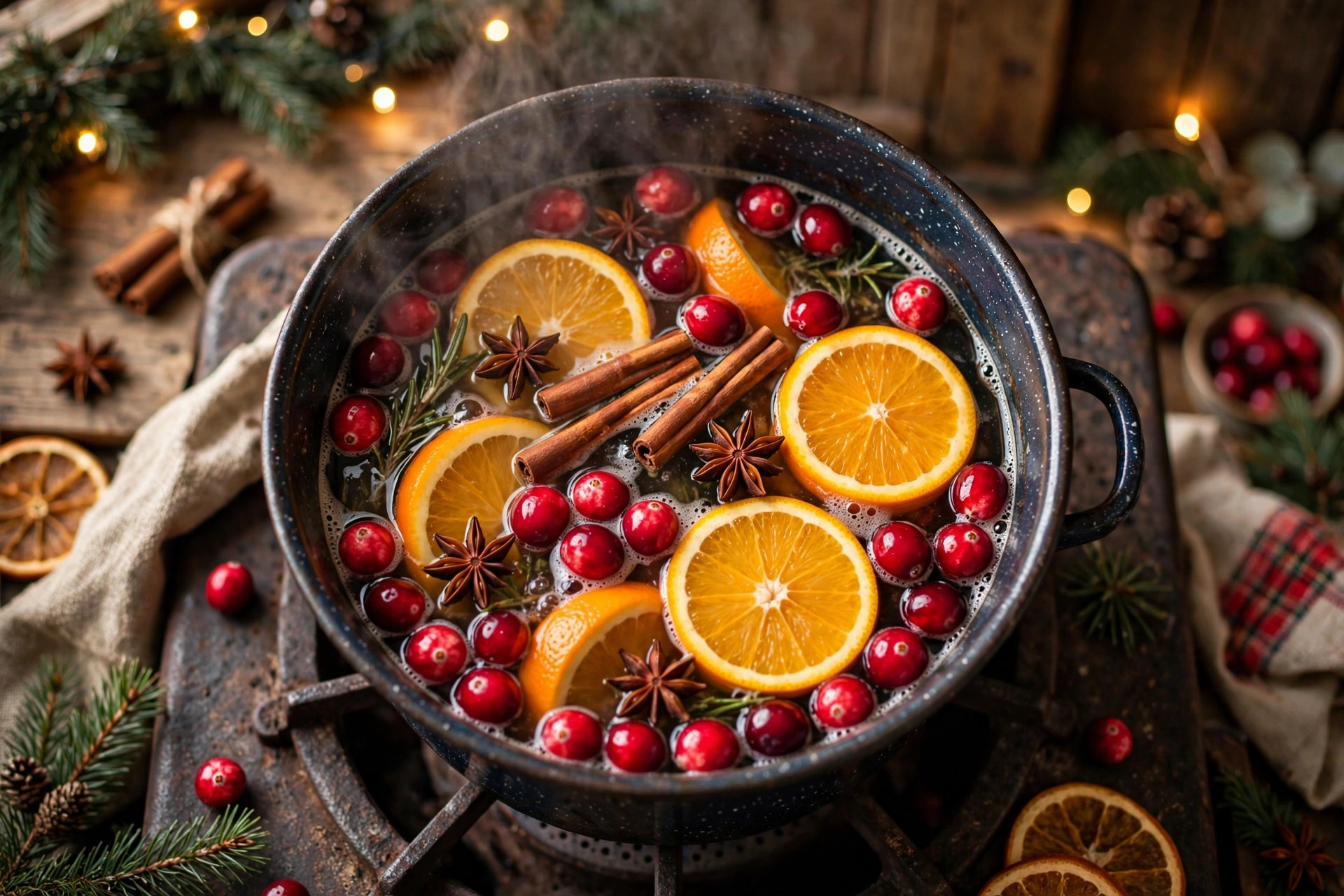 Cranberry Orange Christmas Simmer Pot Steaming pot of cranberry orange Christmas simmer pot with cinnamon sticks and star anise