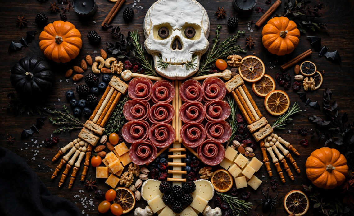 Witch cauldron Halloween snack board with purple grapes and gouda witch-hat cheese wedges
