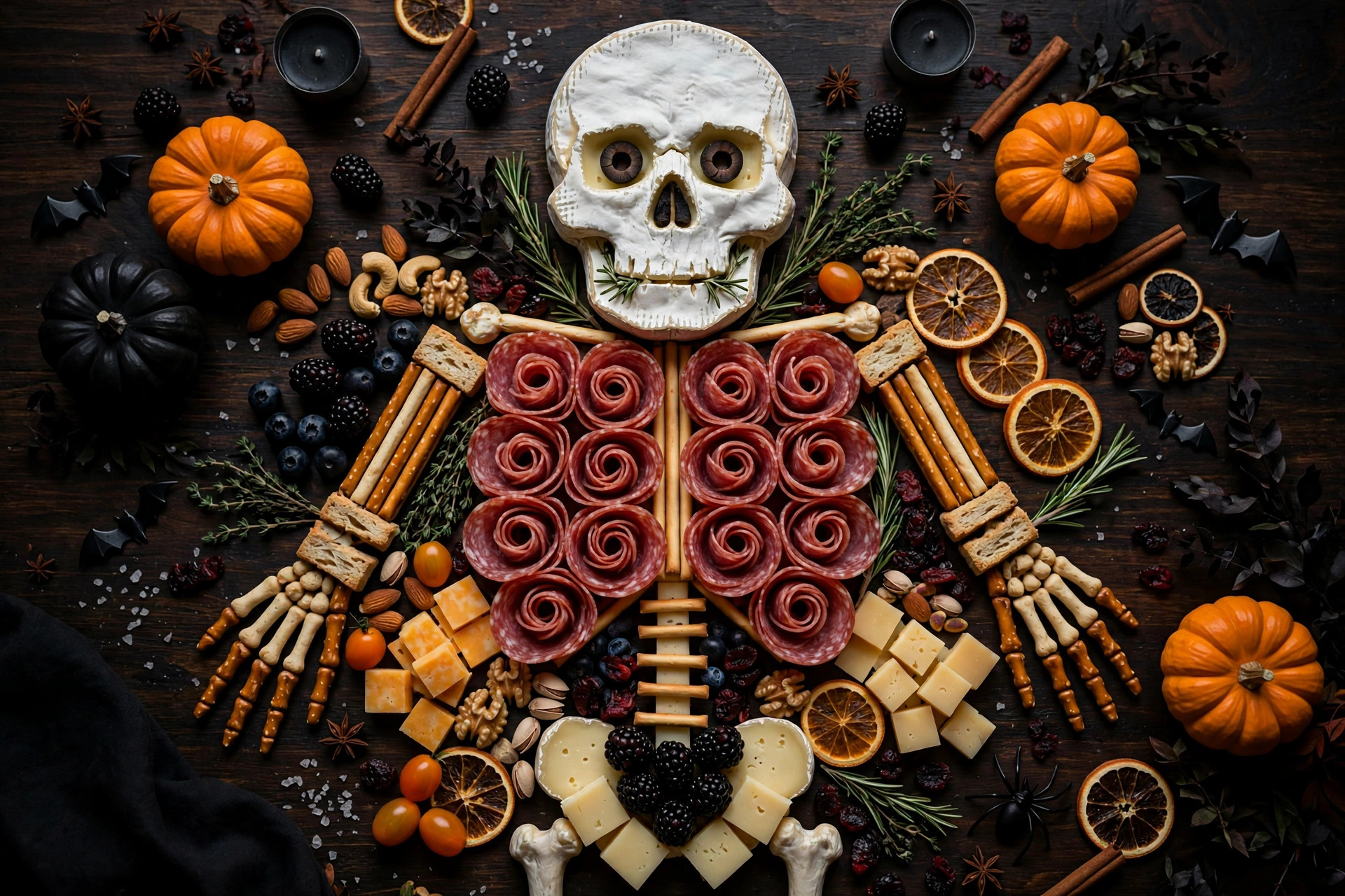 Witch cauldron Halloween snack board with purple grapes and gouda witch-hat cheese wedges