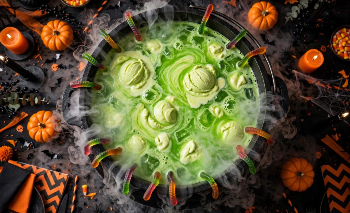 Black cauldron punch bowl of bubbling neon-green witch's brew punch with dry-ice fog