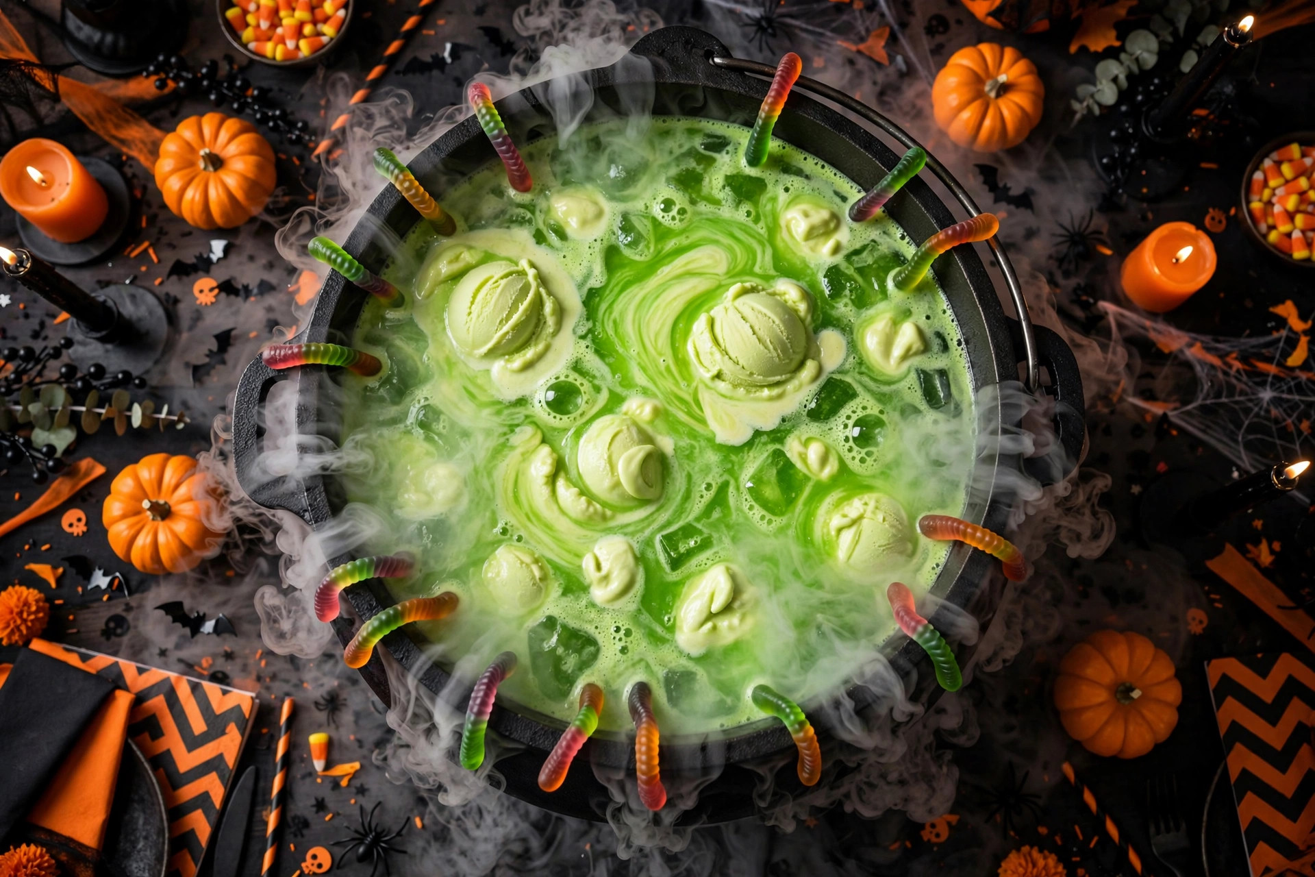 Black cauldron punch bowl of bubbling neon-green witch's brew punch with dry-ice fog