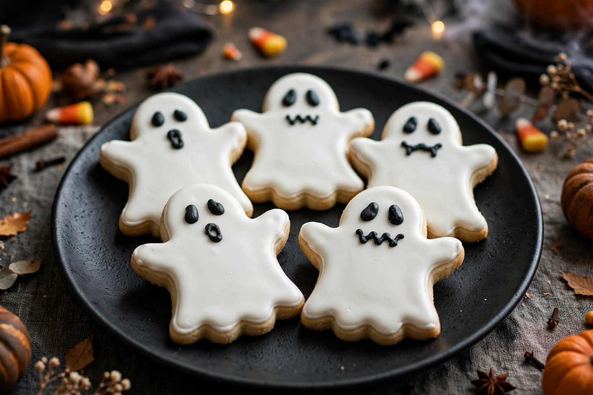 Ghost-shaped sugar cookies with white royal icing and black icing faces on a black plate