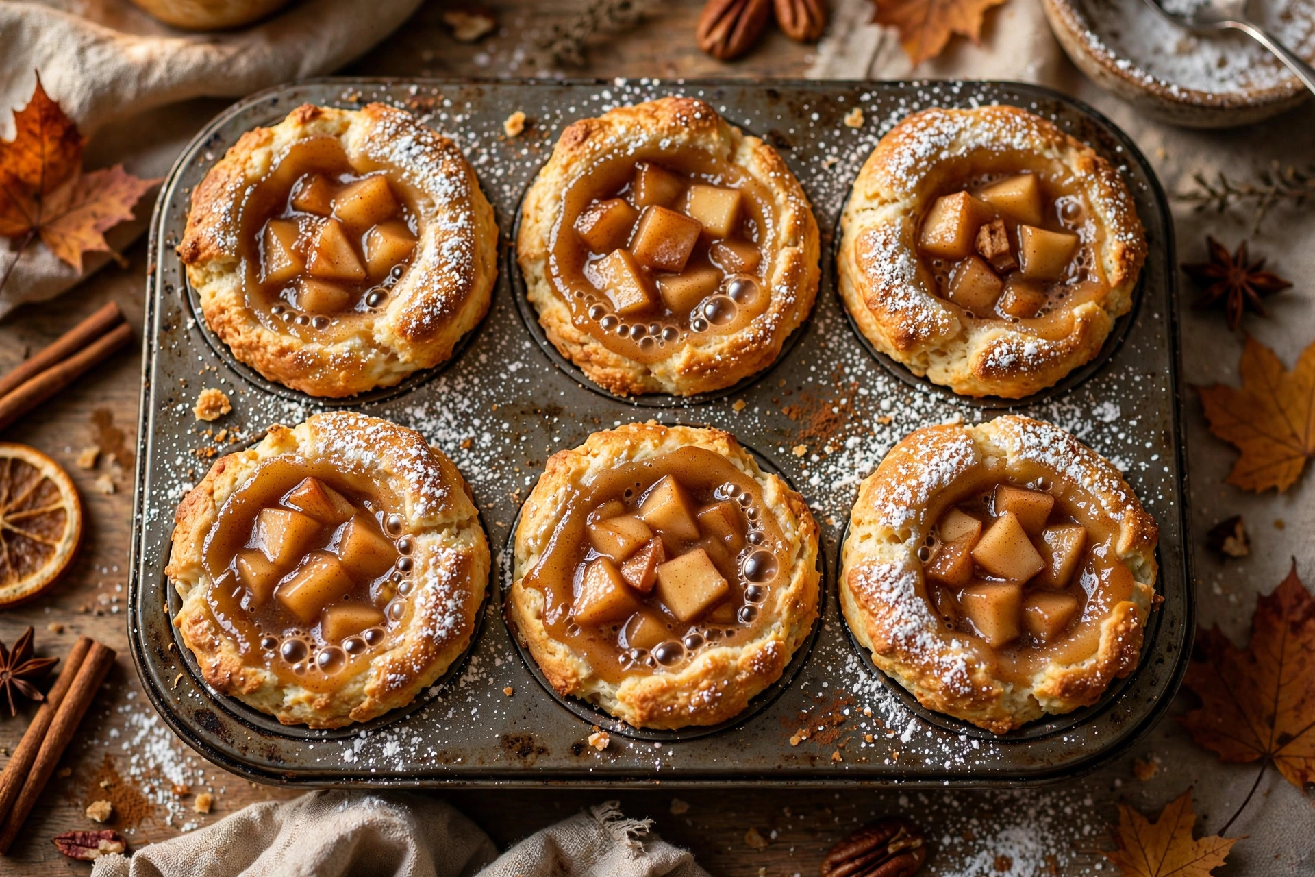 Apple Pie Biscuit Cups Golden apple pie biscuit cups in a muffin tin with cinnamon apple filling
