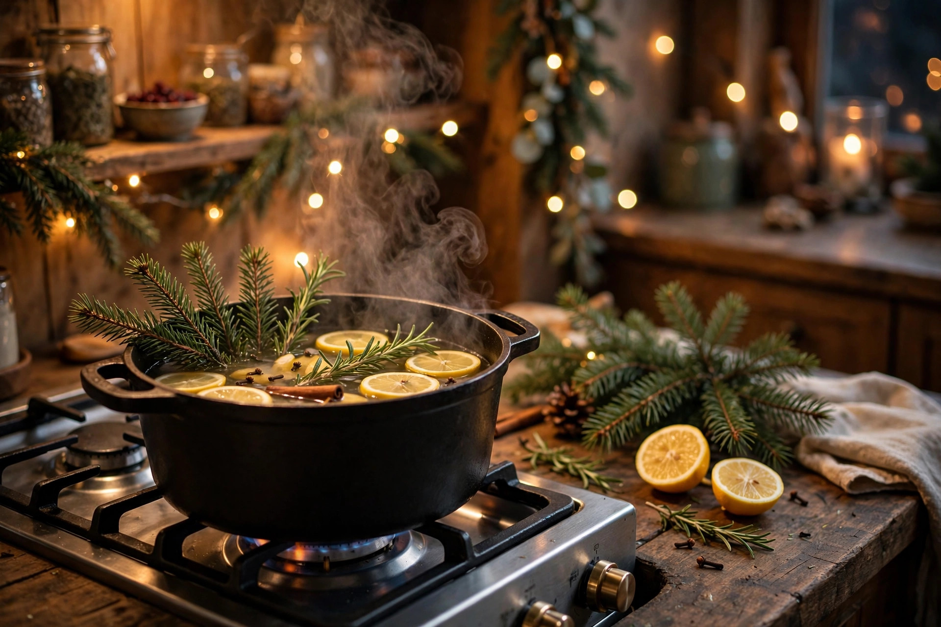 Pine and Rosemary Simmer Pot Simmering pot with pine sprigs, rosemary and lemon slices releasing steam