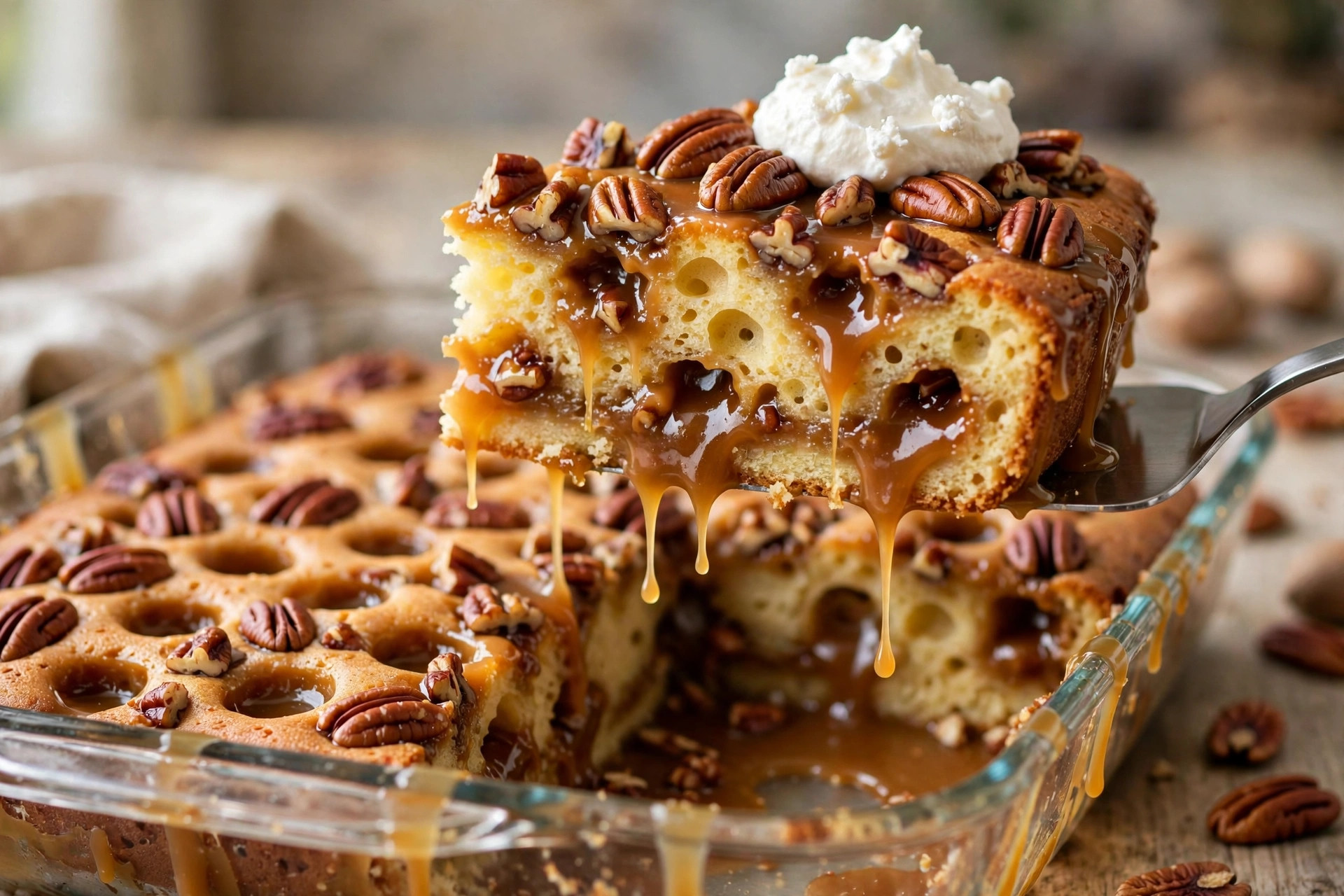 Pecan pie poke cake slice lifted from glass dish with caramel and pecans