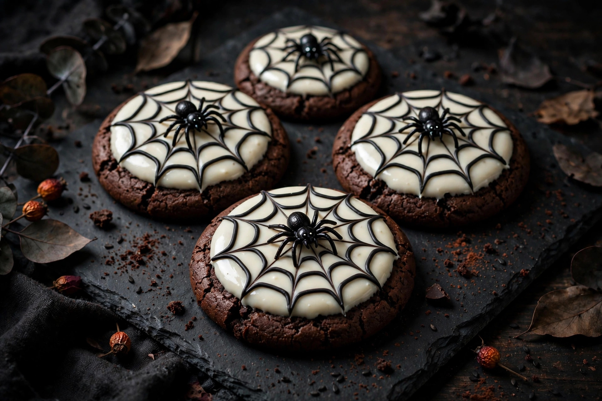 Chocolate spiderweb cookies with white candy melt tops and black icing webs