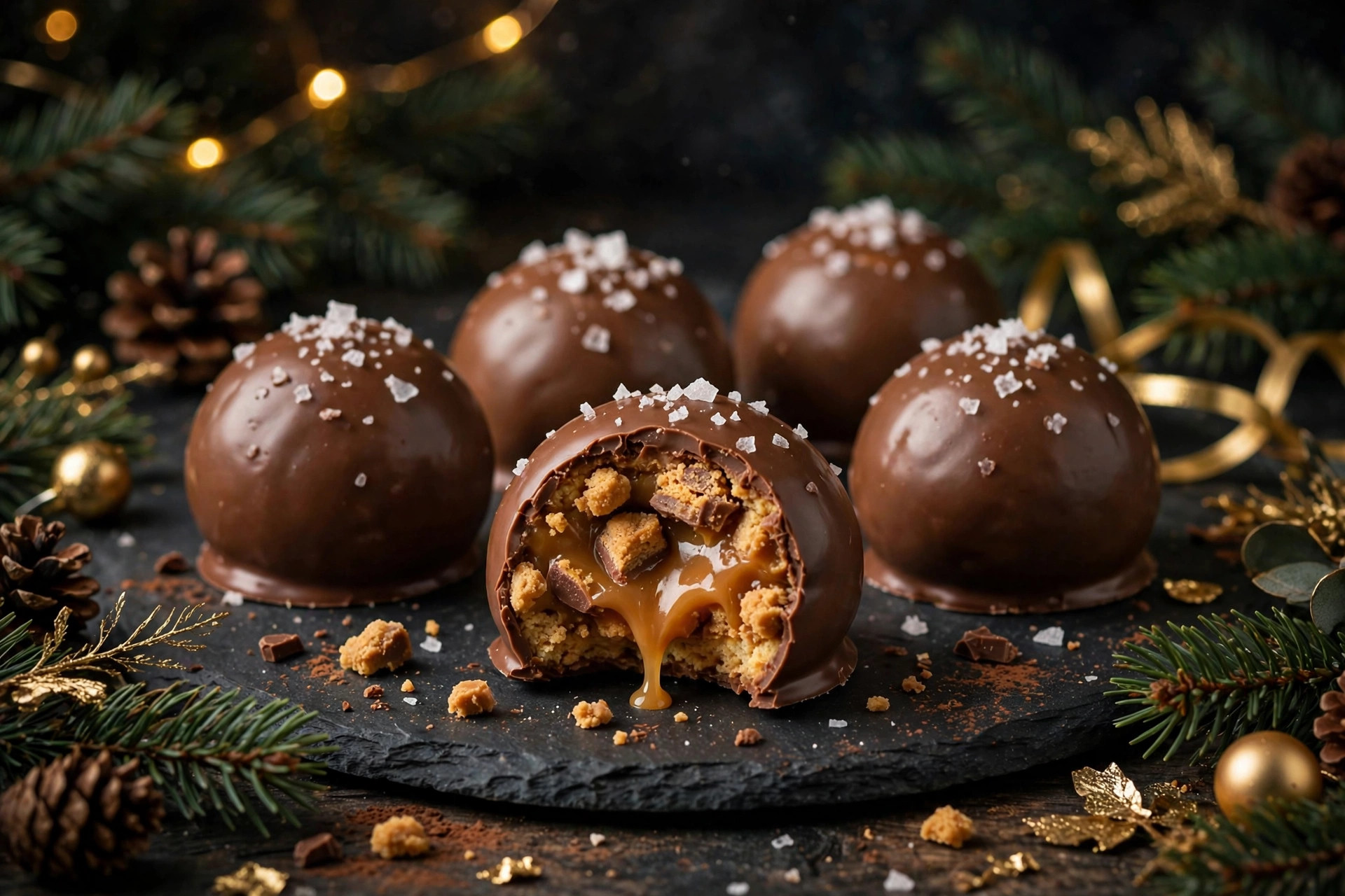 Salted caramel butterfinger balls on dark slate