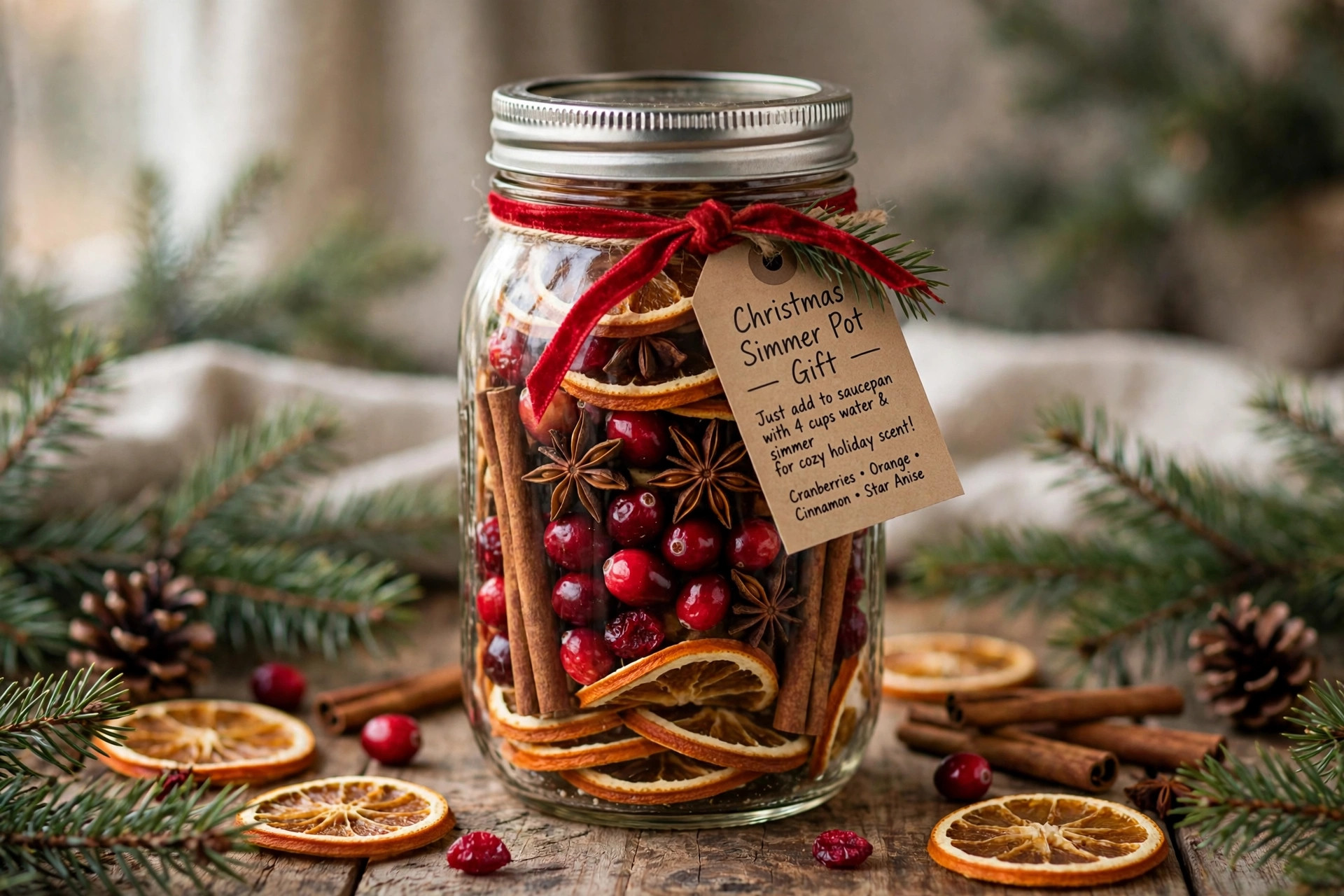 Mason Jar Simmer Pot Gift Mason jar Christmas simmer pot gift with red ribbon and gift tag