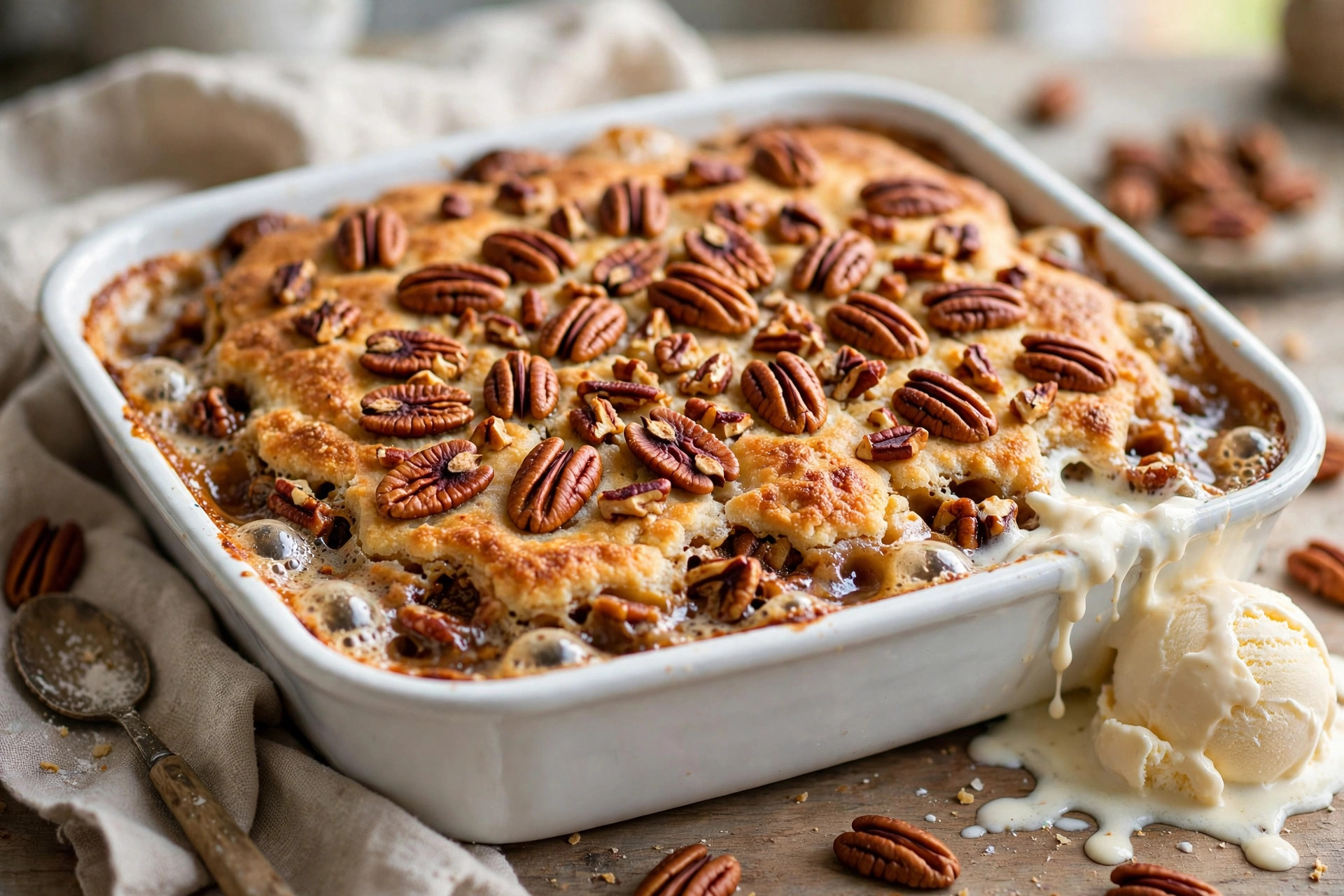 Pecan pie dump cake bubbling in white baking dish with vanilla ice cream