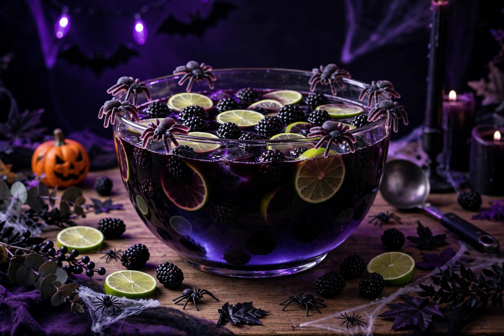Clear punch bowl of near-black grape punch with blackberries and lime wheels