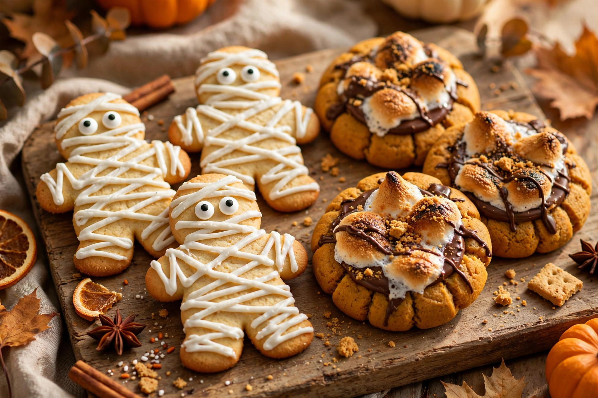 Golden mummy sugar cookies with white icing zigzag bandages and candy eyeballs