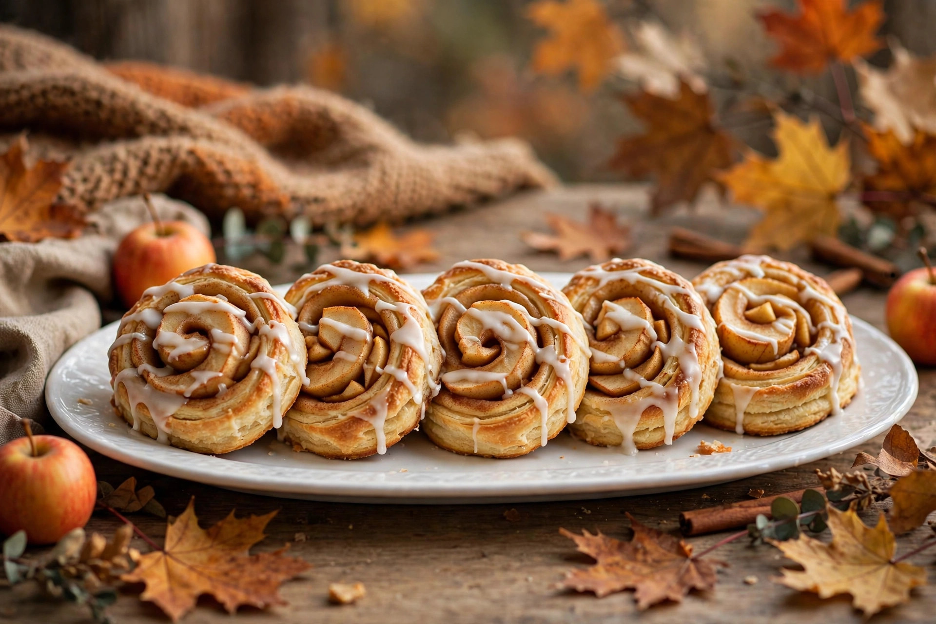 Apple Pie Biscuit Pinwheels Apple pie biscuit pinwheels with glaze on white platter