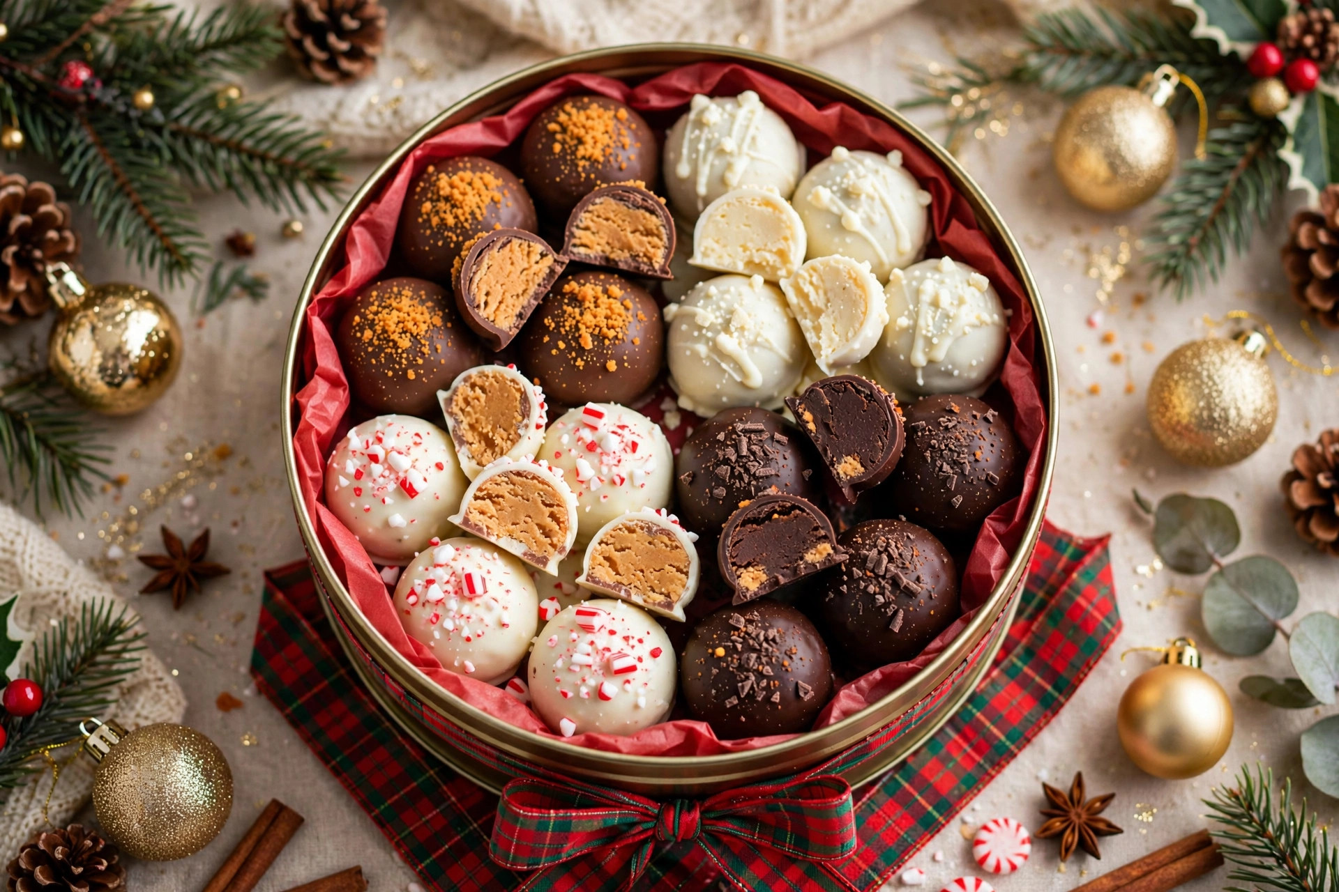 Assorted butterfinger balls in Christmas gift tin with ribbon