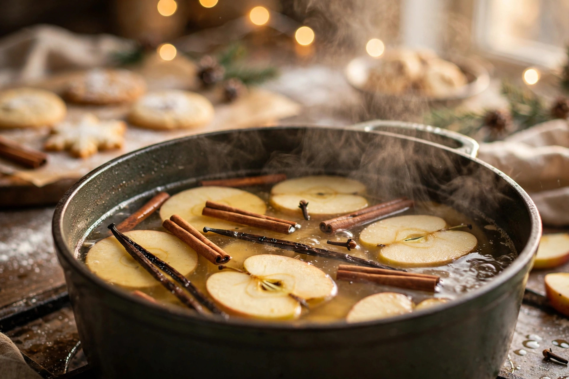 Apple Cinnamon Simmer Pot Simmering pot with apple slices, cinnamon sticks and vanilla bean