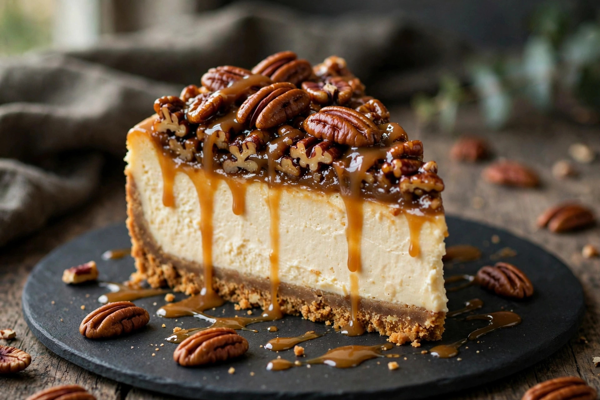 Tall slice of pecan pie cheesecake with glossy pecan topping and caramel drizzle