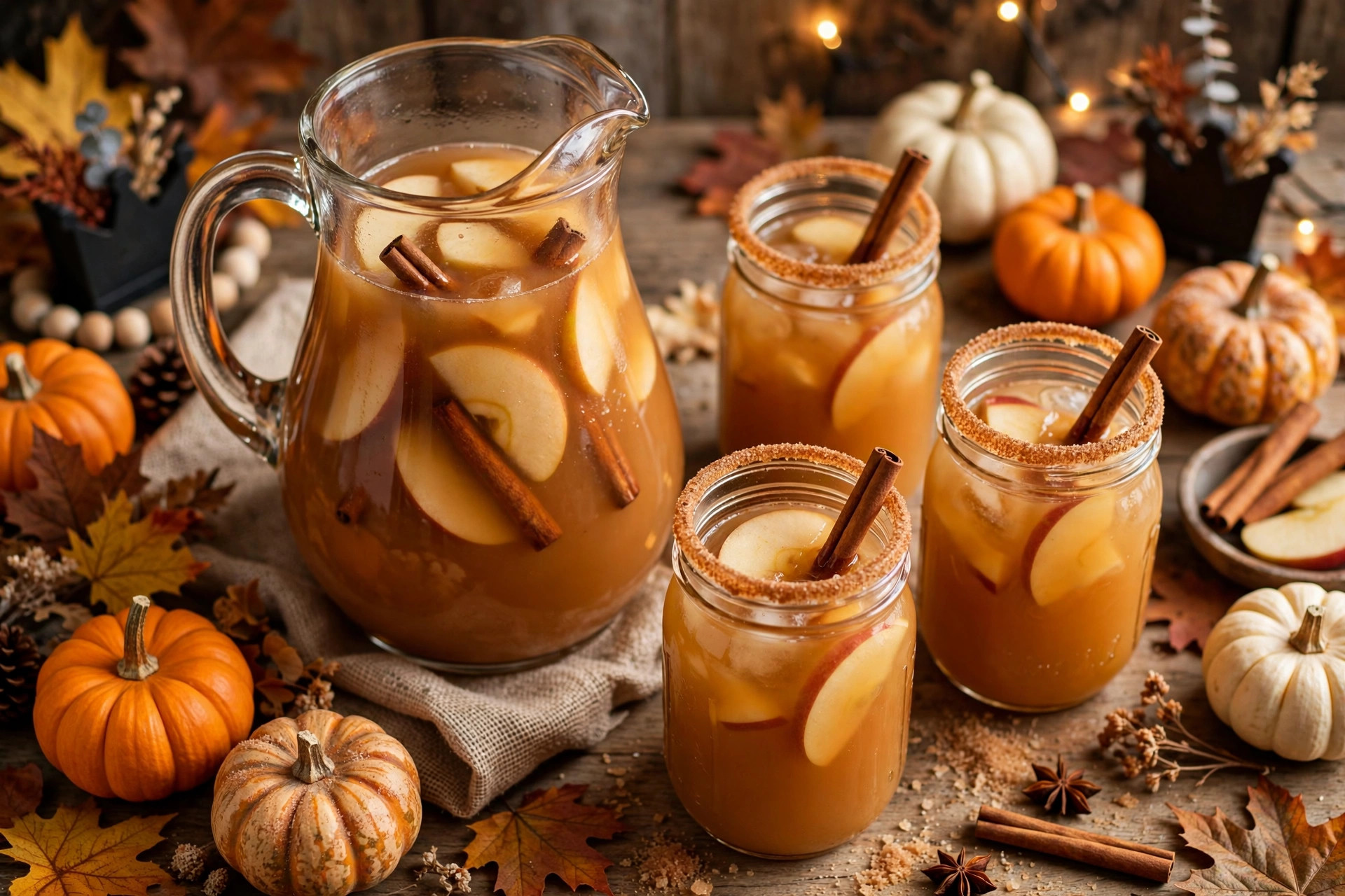 Glass pitcher of caramel apple cider punch with apple slices and cinnamon sticks
