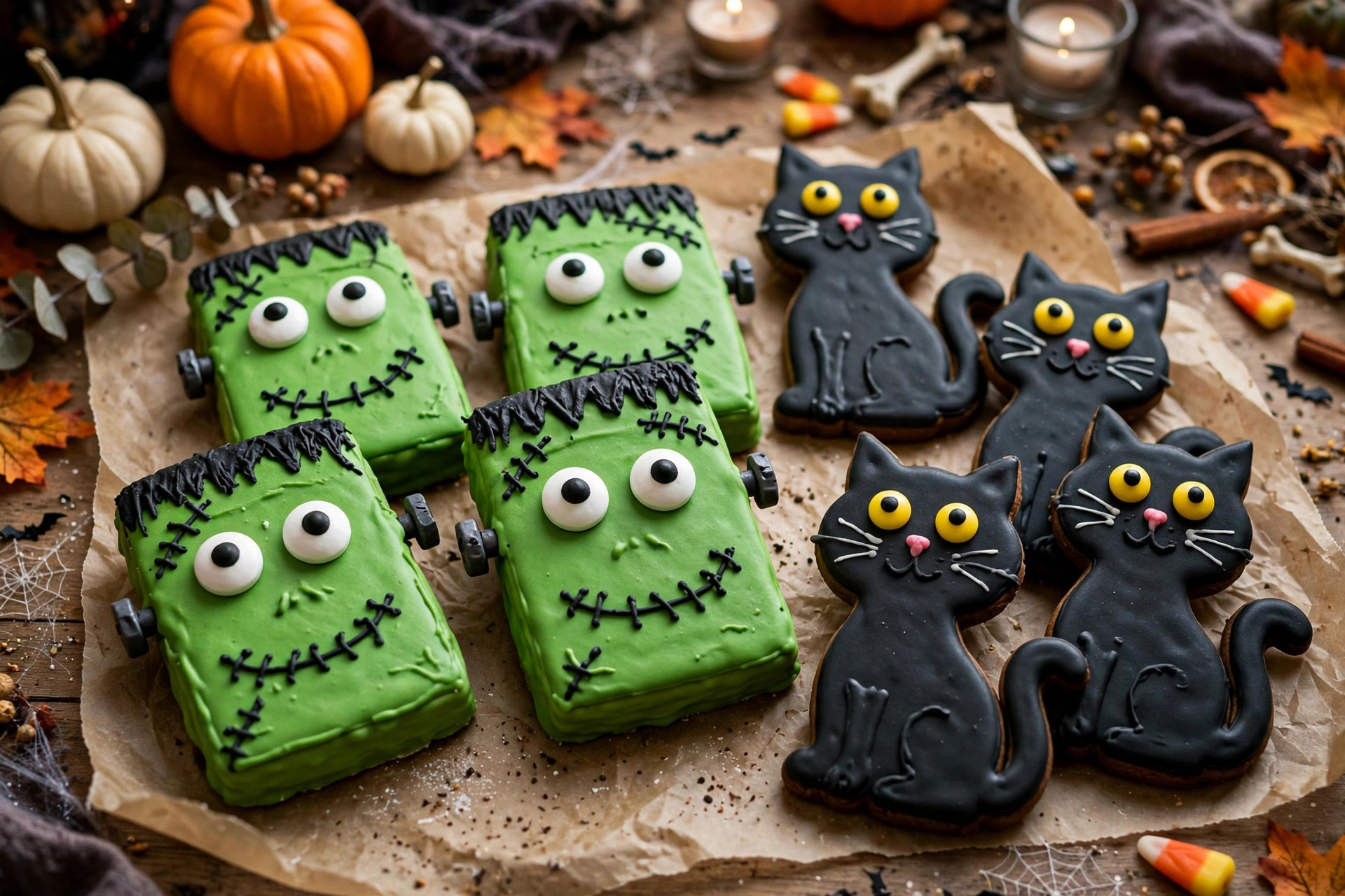 Frankenstein green-iced cookies with candy eyeballs beside black cat cookies