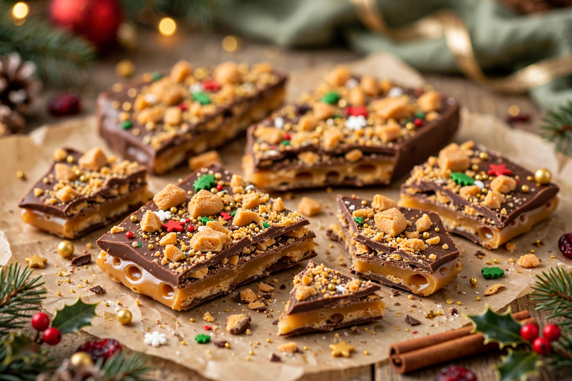 Butterfinger Christmas crack bark broken into pieces