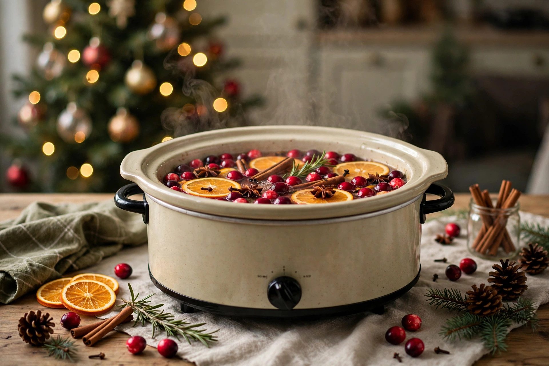 Slow Cooker Simmer Pot Slow cooker filled with cranberry orange simmer pot ingredients