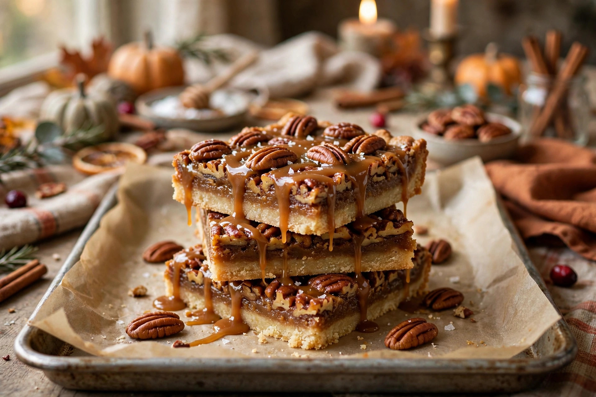 Stack of pecan pie cake bars on parchment-lined tray