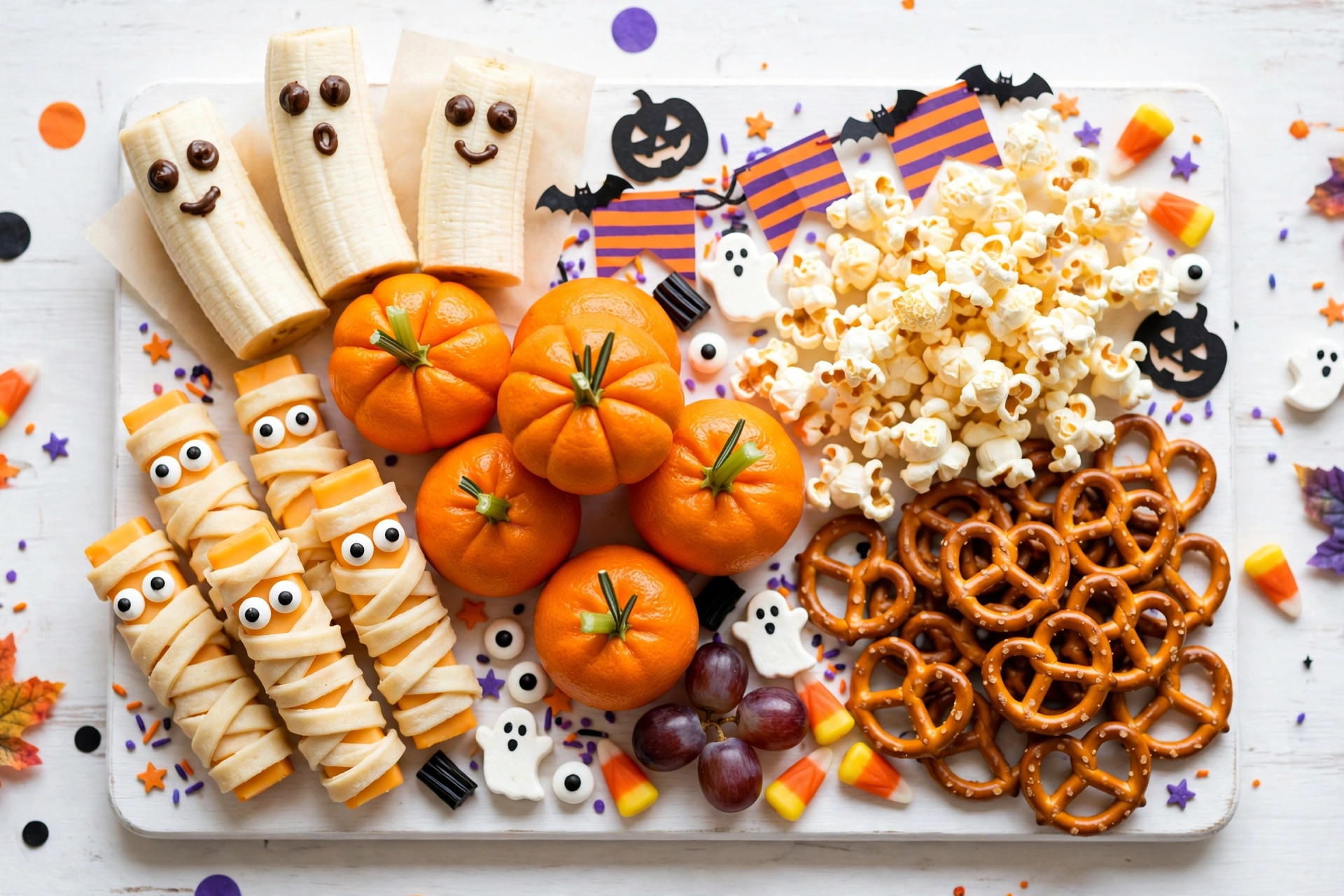 Haunted harvest Halloween grazing table loaded edge-to-edge with spooky snacks