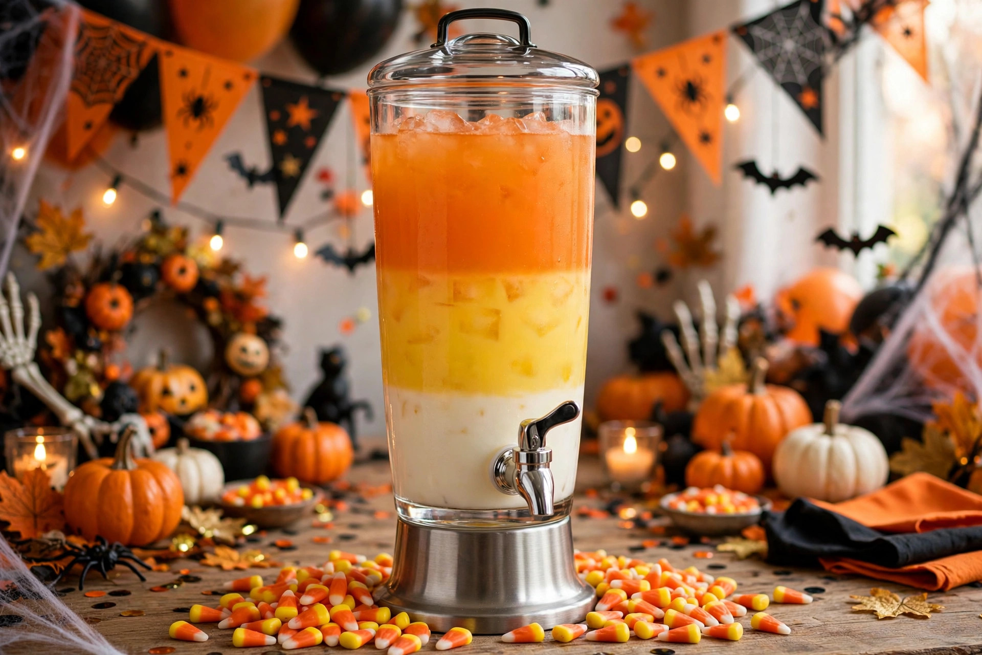 Tall dispenser of layered candy corn punch in orange, yellow and white stripes