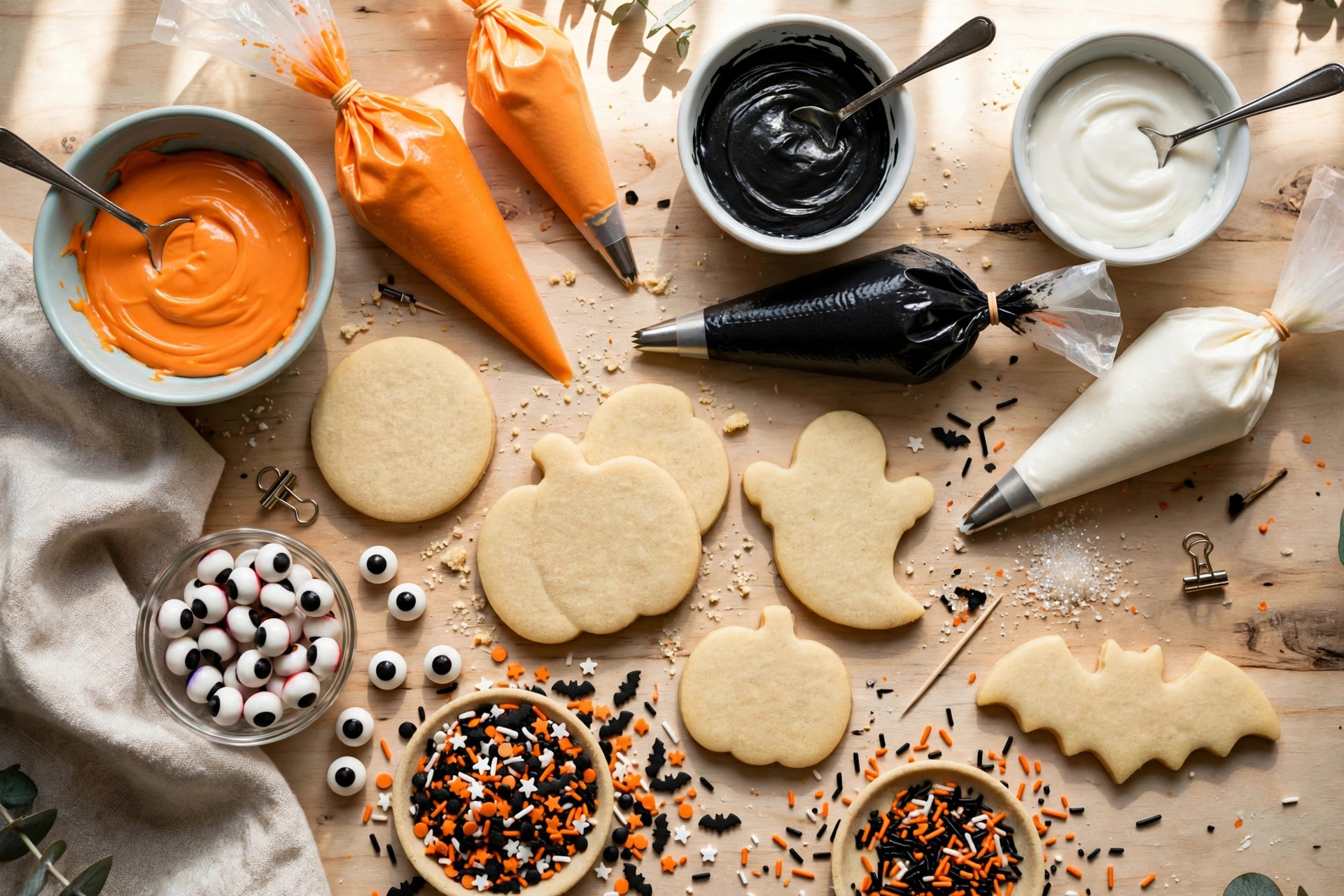 Overhead flat lay of Halloween cookie decorating in progress with icing bowls and candy eyeballs