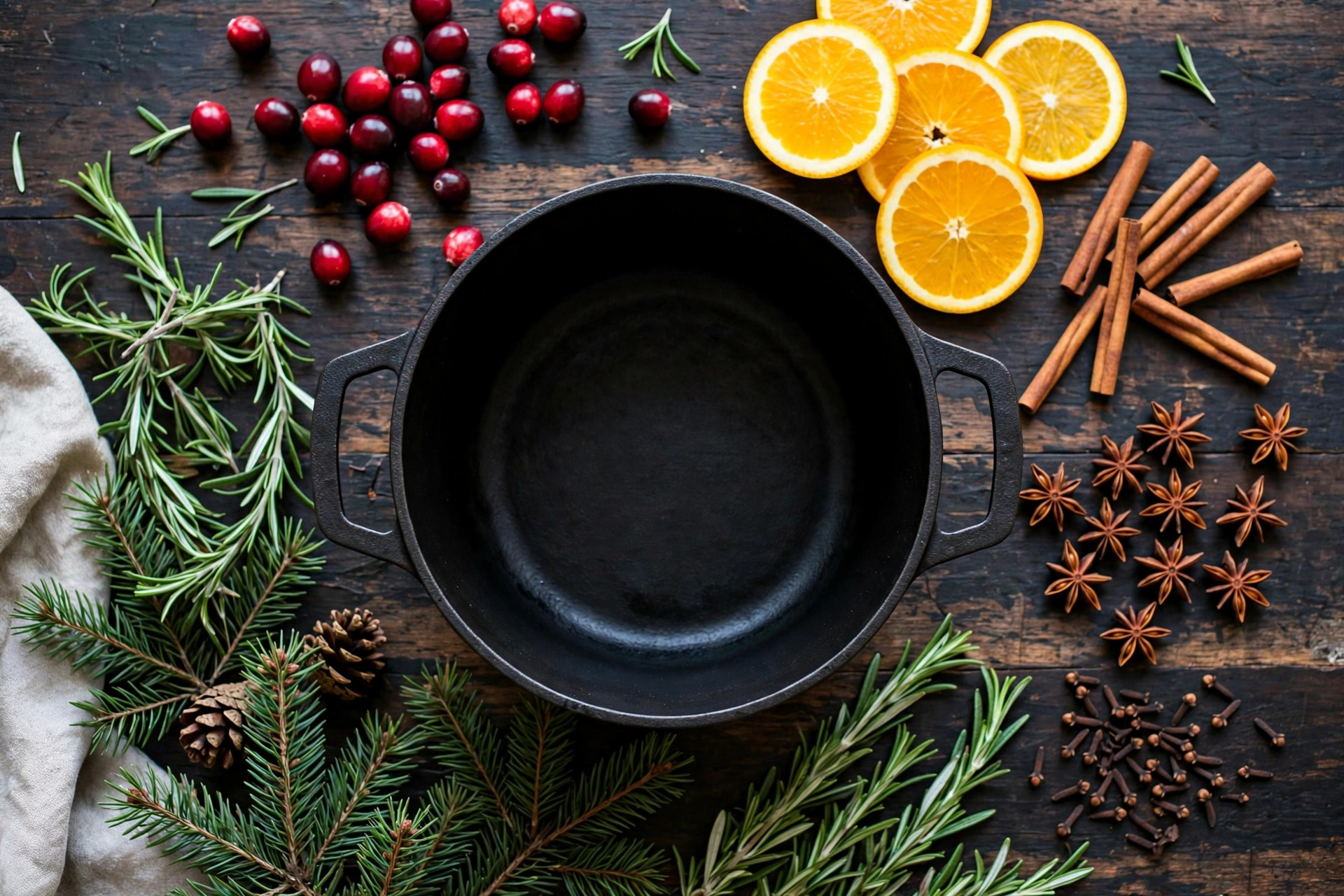 Christmas Simmer Pot Ingredients Flat lay of Christmas simmer pot ingredients on dark wooden table