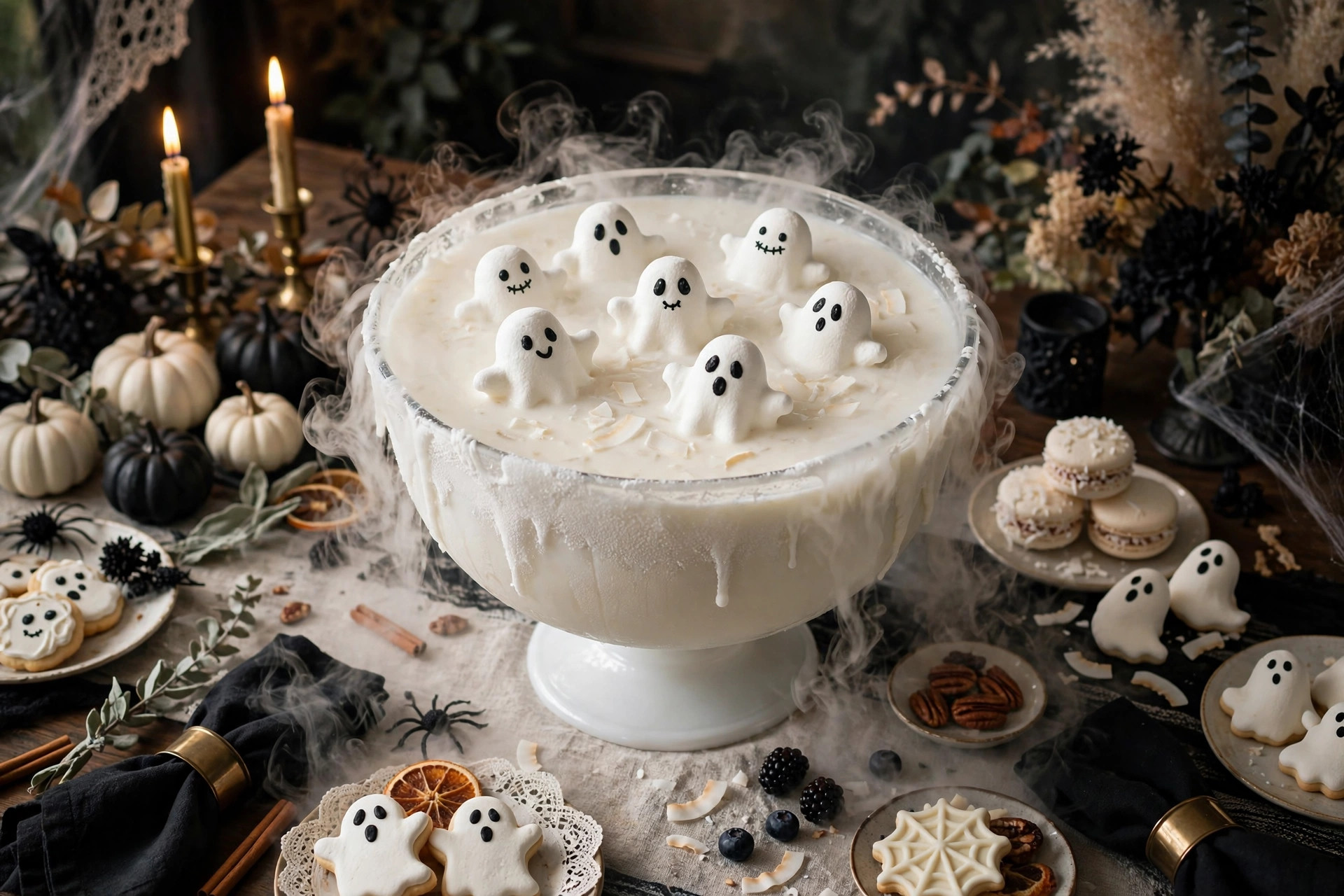White frosted punch bowl of creamy ghost-white coconut punch with marshmallow ghosts