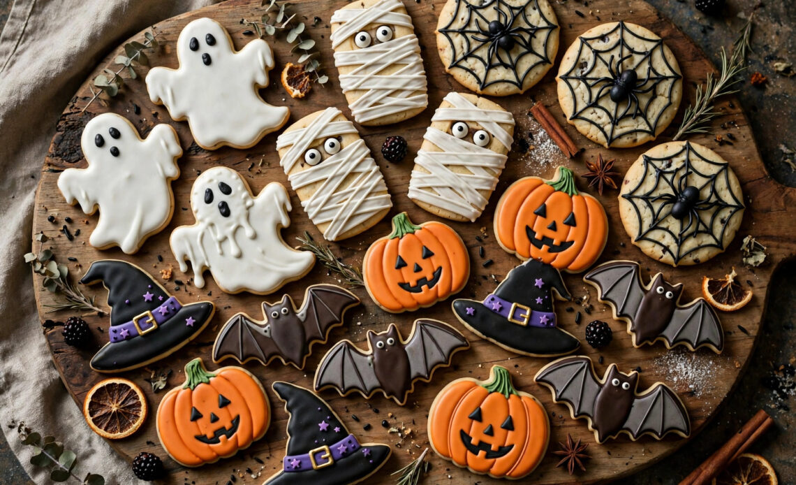 Assortment of spooky Halloween cookies arranged on a large wooden serving board