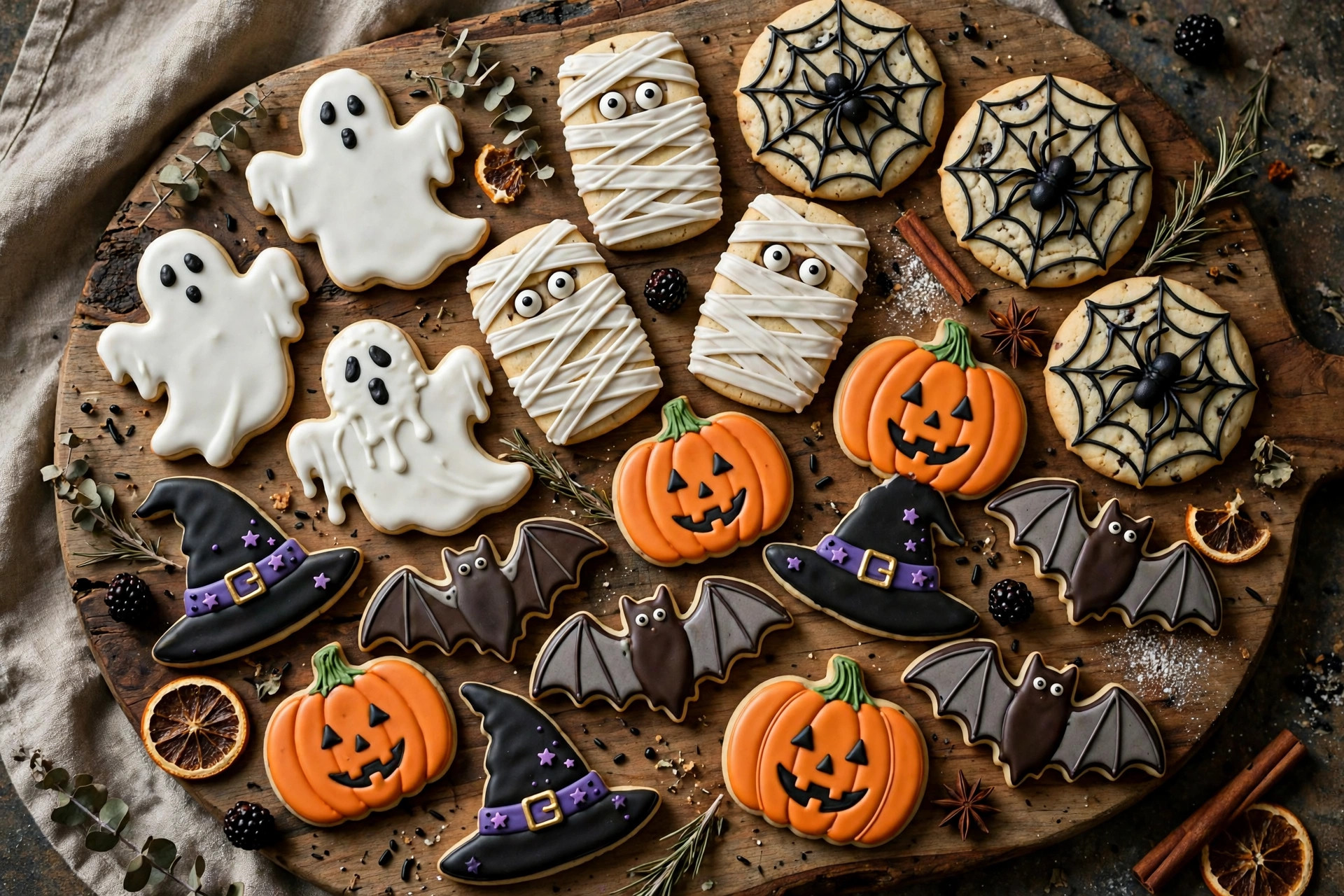 Assortment of spooky Halloween cookies arranged on a large wooden serving board