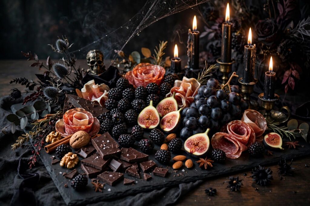 Elegant gothic Halloween grazing board with blackberries, dark chocolate and cured meats