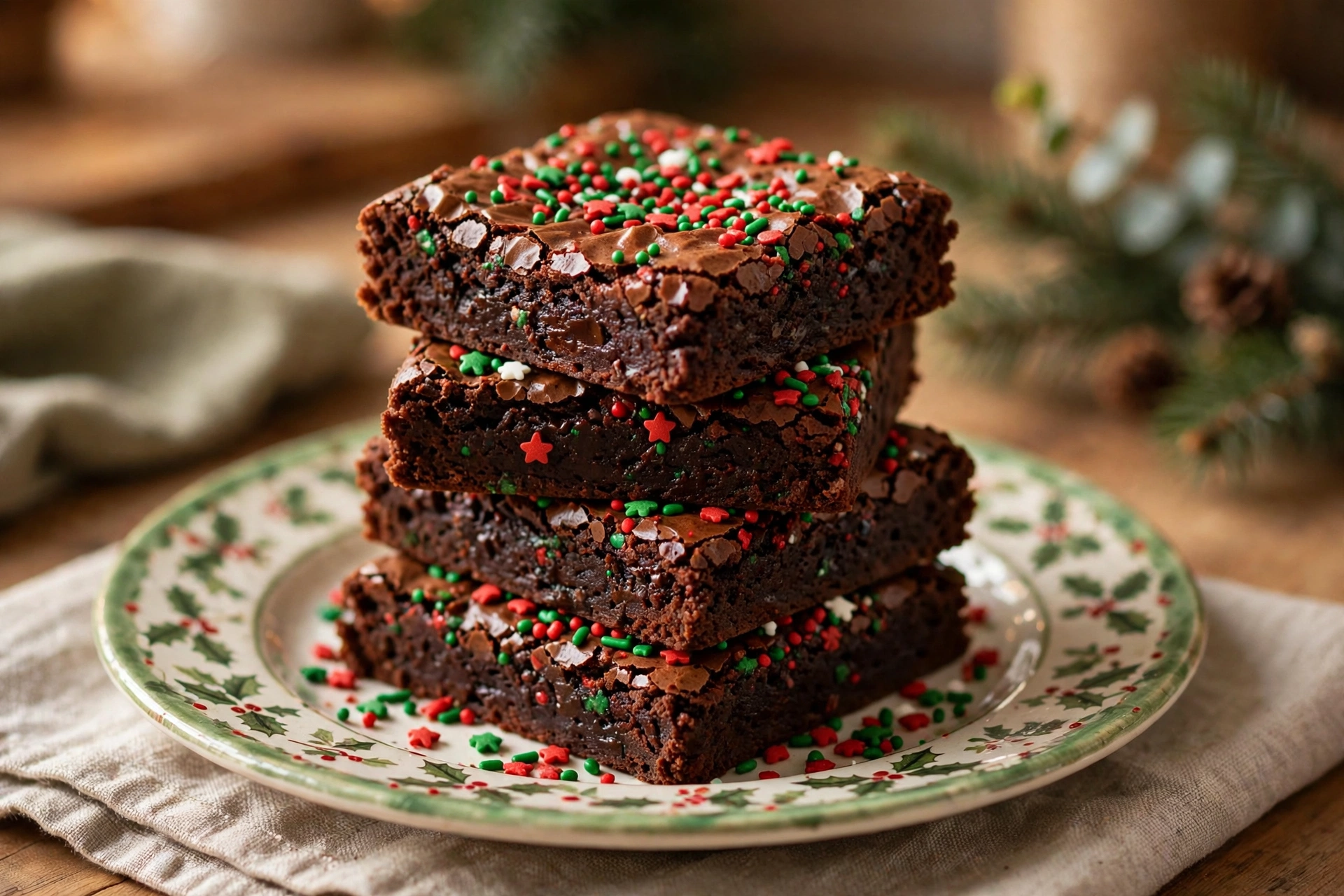 Stack of fudgy homemade Christmas brownies with red and green holiday sprinkles on a festive plate