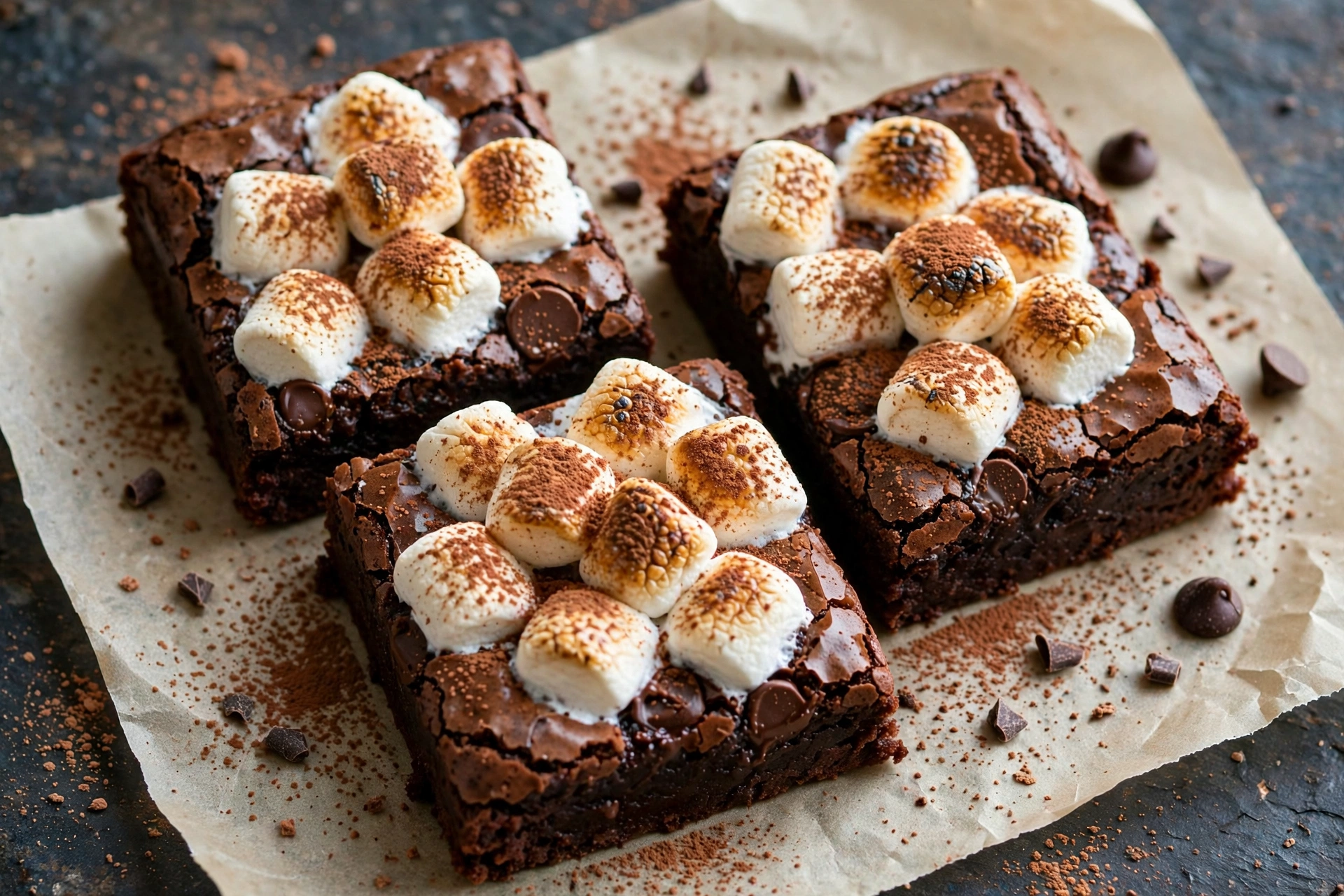 Hot chocolate Christmas brownies topped with toasted mini marshmallows and a dusting of cocoa powder