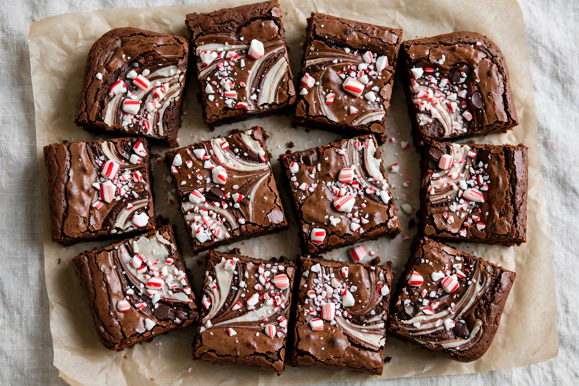 Peppermint swirl Christmas brownies with crushed candy canes on top
