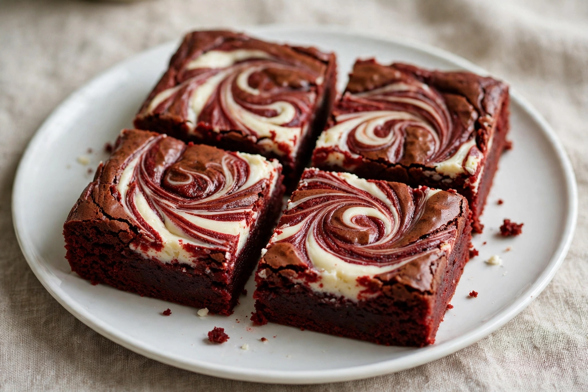 Red velvet Christmas brownies with a cream cheese swirl, cut into neat squares