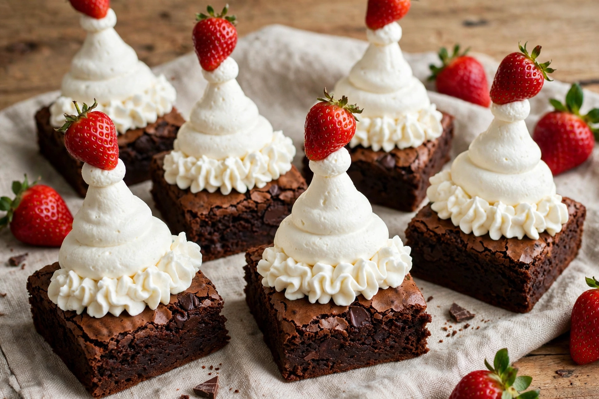 Brownie Santa hats topped with fresh strawberries and piped whipped cream rings