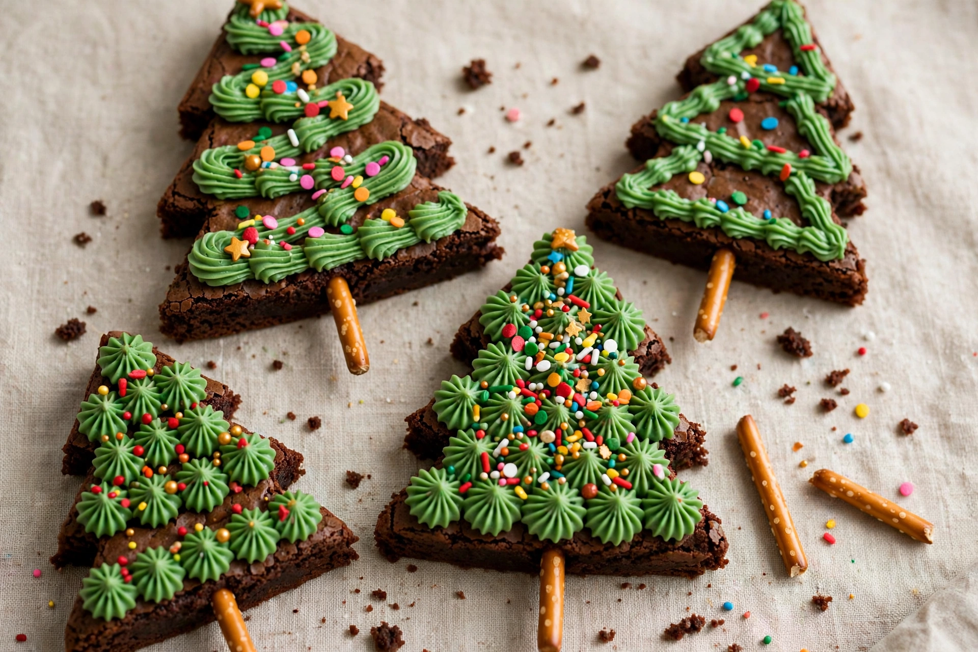 Christmas tree brownies decorated with green frosting, colorful sprinkles, and pretzel stick trunks