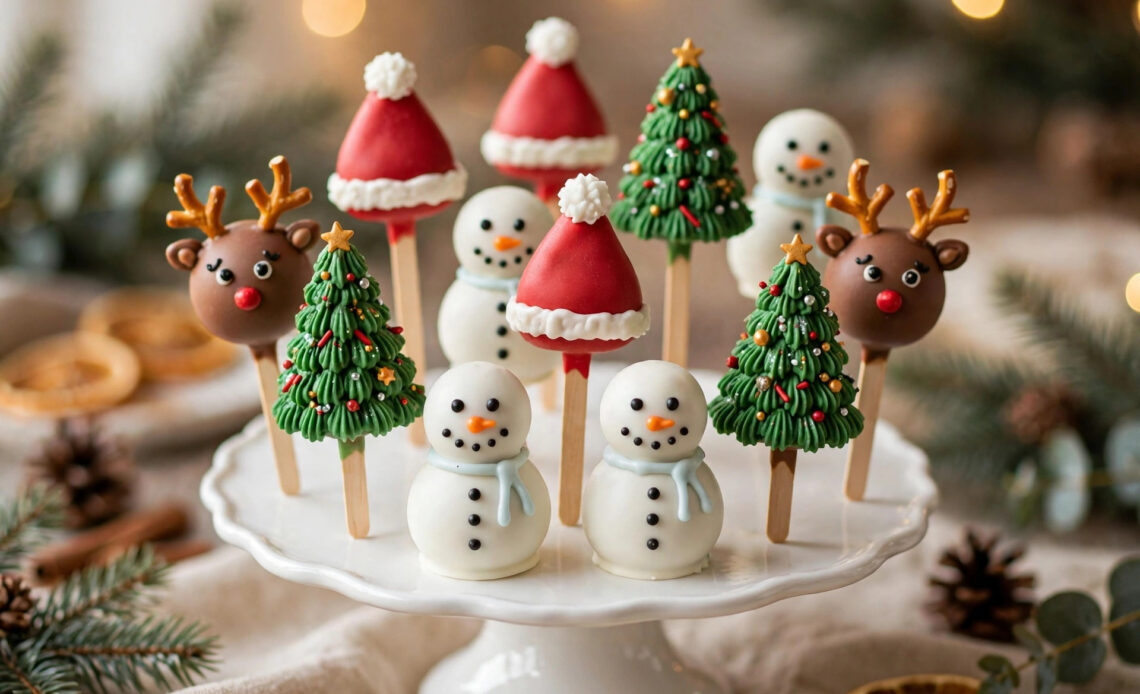 Assorted homemade Christmas cake pops decorated as Christmas trees, Santa hats, reindeer, and snowmen on a white cake stand