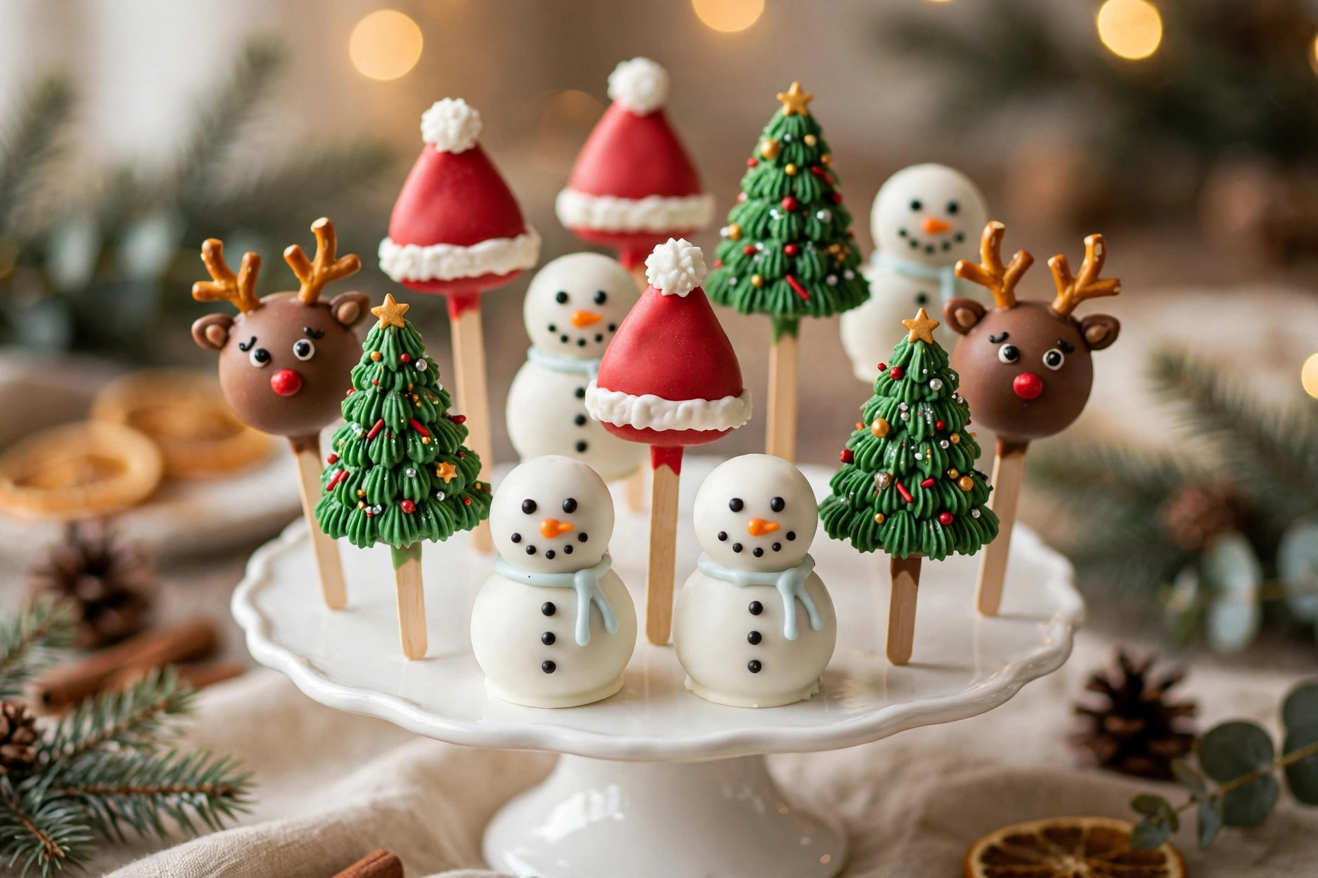 Assorted homemade Christmas cake pops decorated as Christmas trees, Santa hats, reindeer, and snowmen on a white cake stand