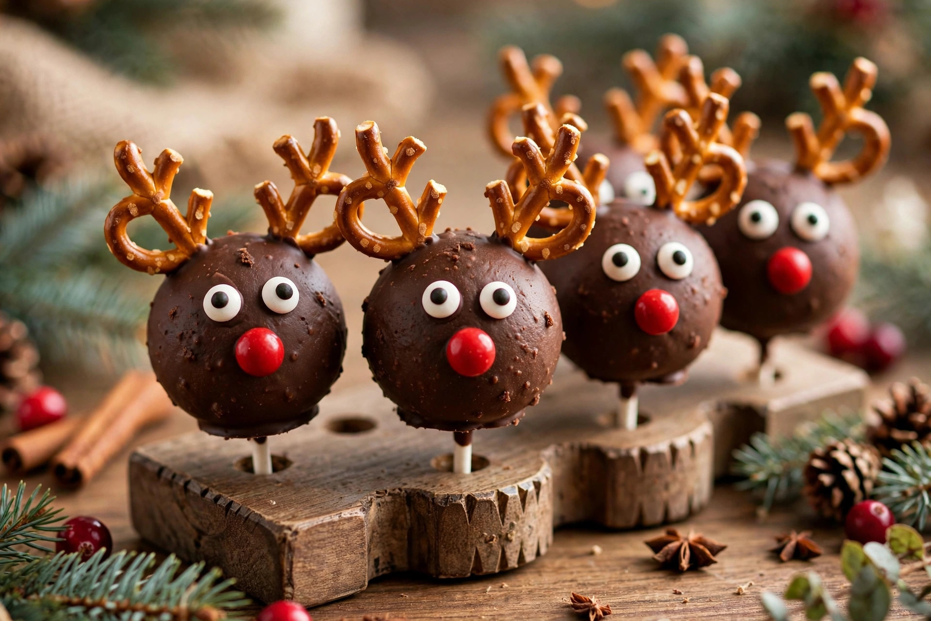 Reindeer Christmas cake pops with pretzel antlers, candy eyes, and red candy noses on a wooden table