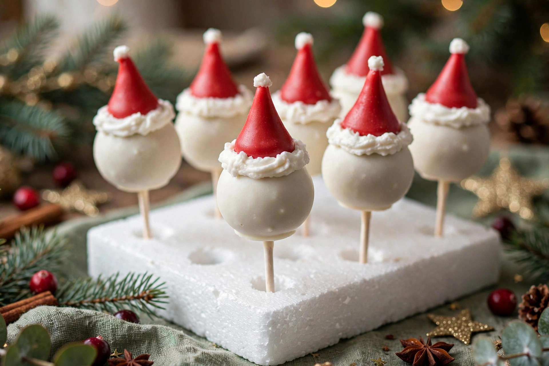 Santa hat Christmas cake pops with red candy melt hats and white frosting brims in a holiday stand