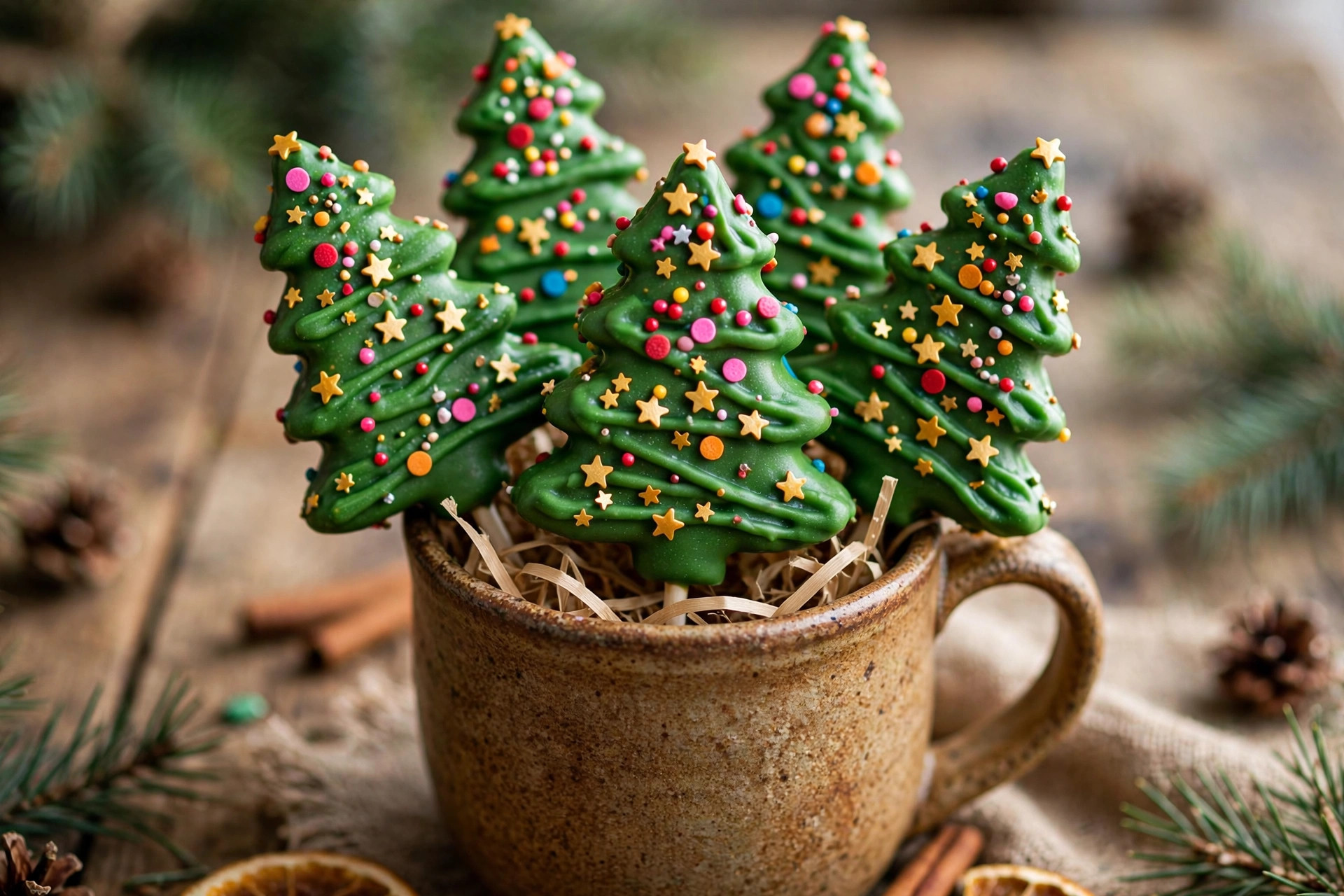 Chocolate Christmas tree cake pops coated in green candy melts with colorful sprinkles in a festive mug