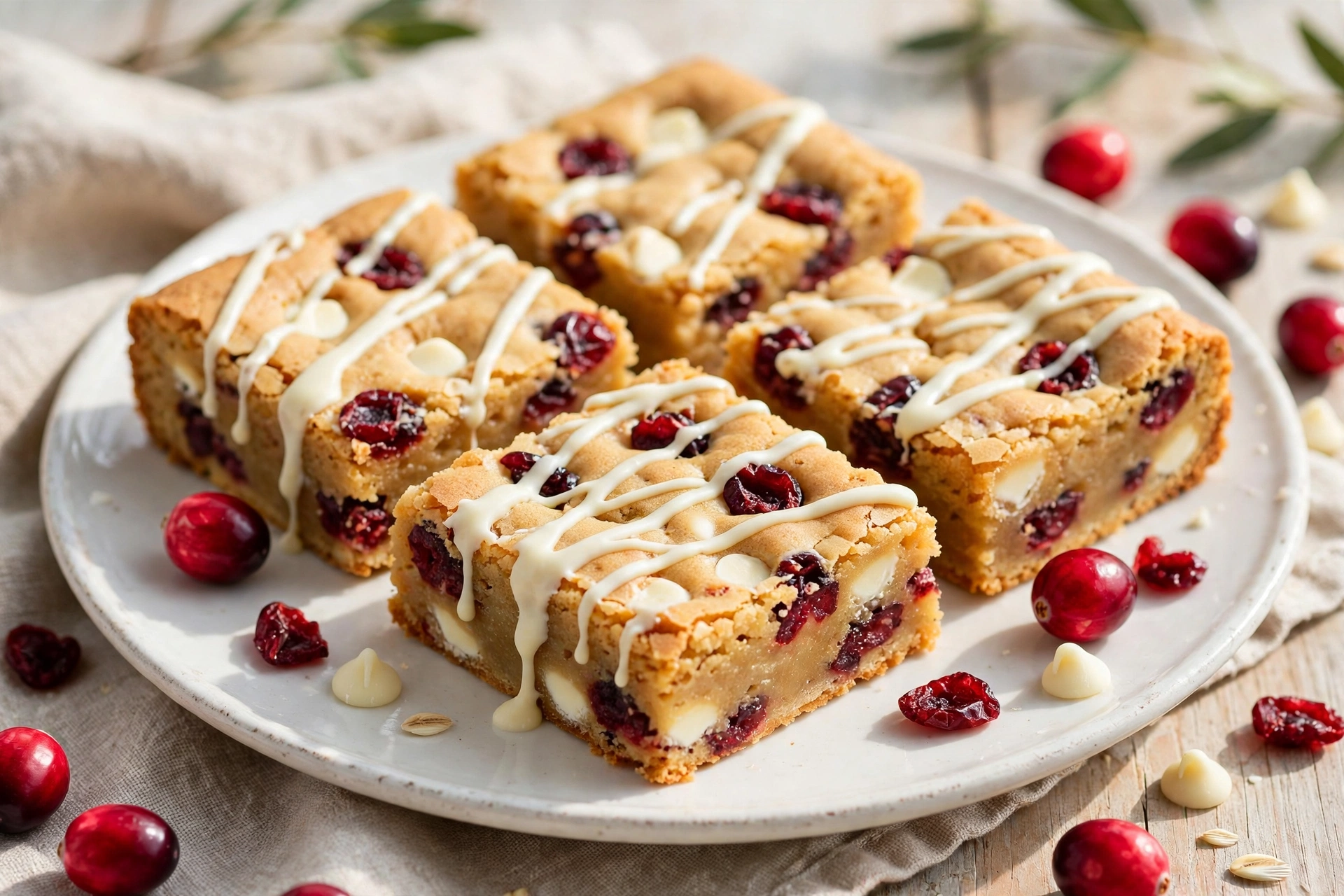 Cranberry bliss Christmas cookie bars with white chocolate drizzle and dried cranberries