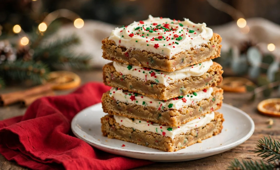 Stack of homemade Christmas cookie bars with white frosting and red and green holiday sprinkles