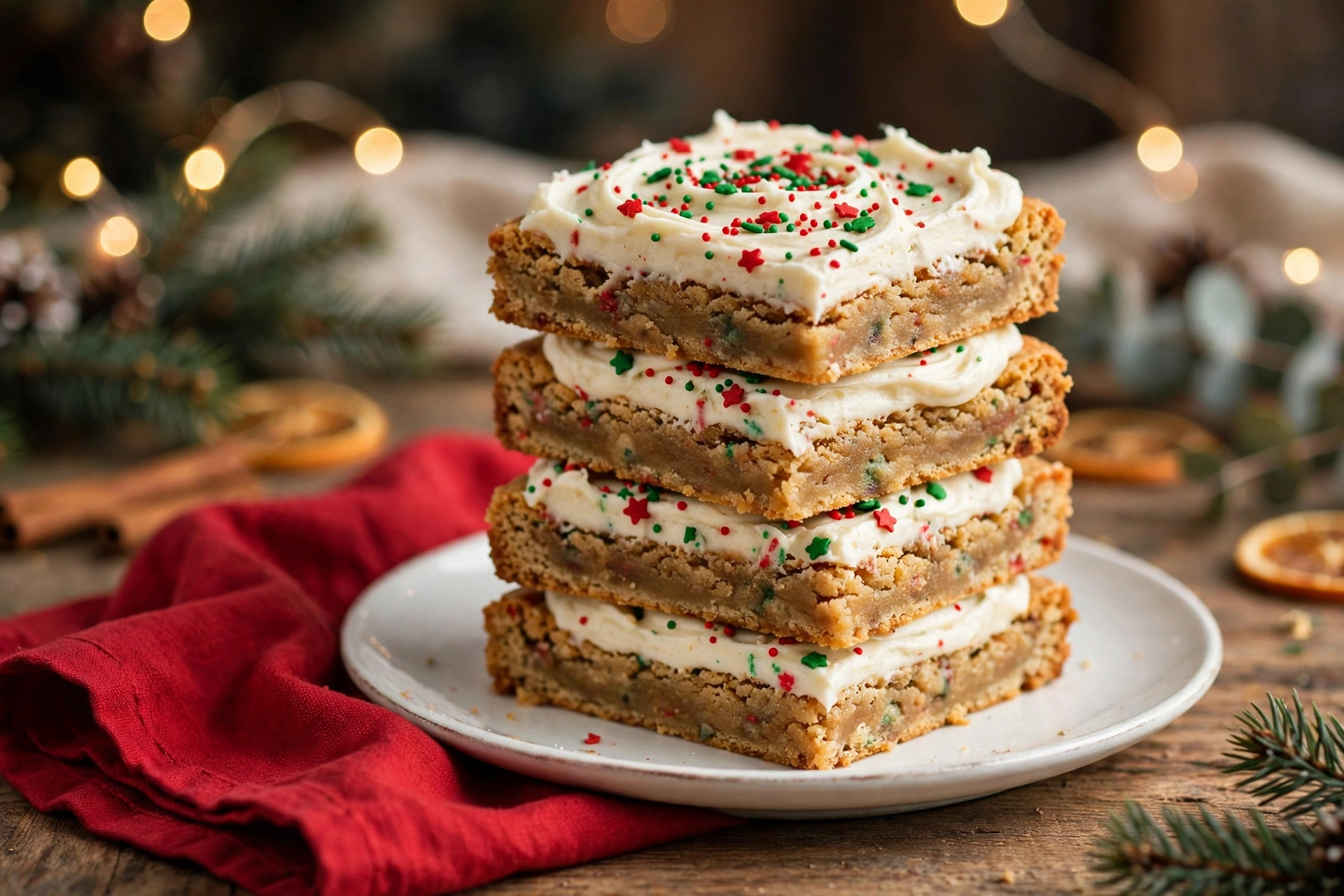 Stack of homemade Christmas cookie bars with white frosting and red and green holiday sprinkles