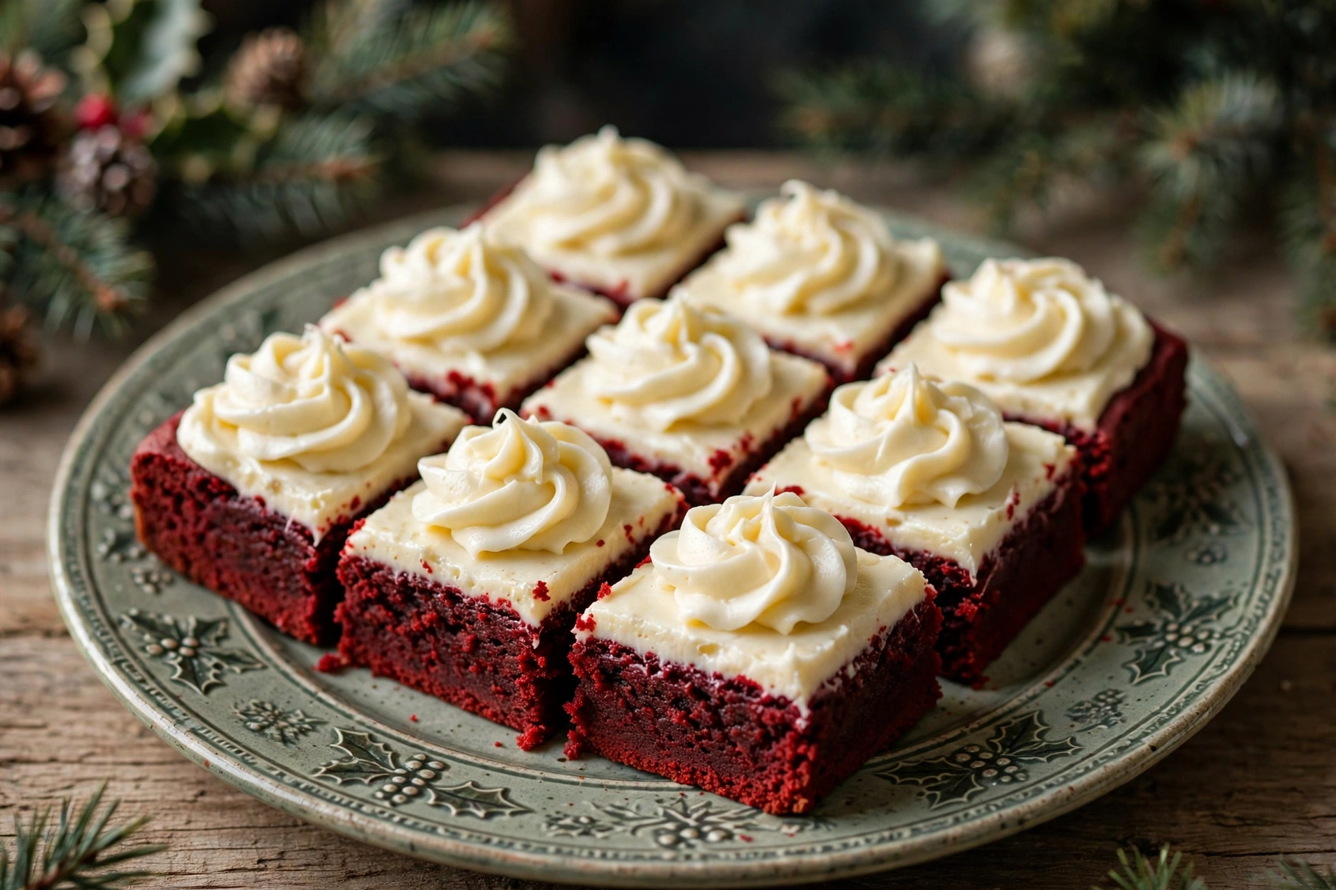 Red velvet Christmas cookie bars with cream cheese frosting swirl