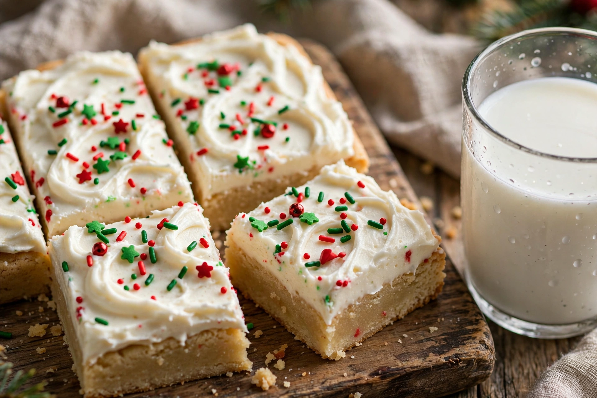 Frosted Christmas sugar cookie bars with red and green sprinkles on a wooden board